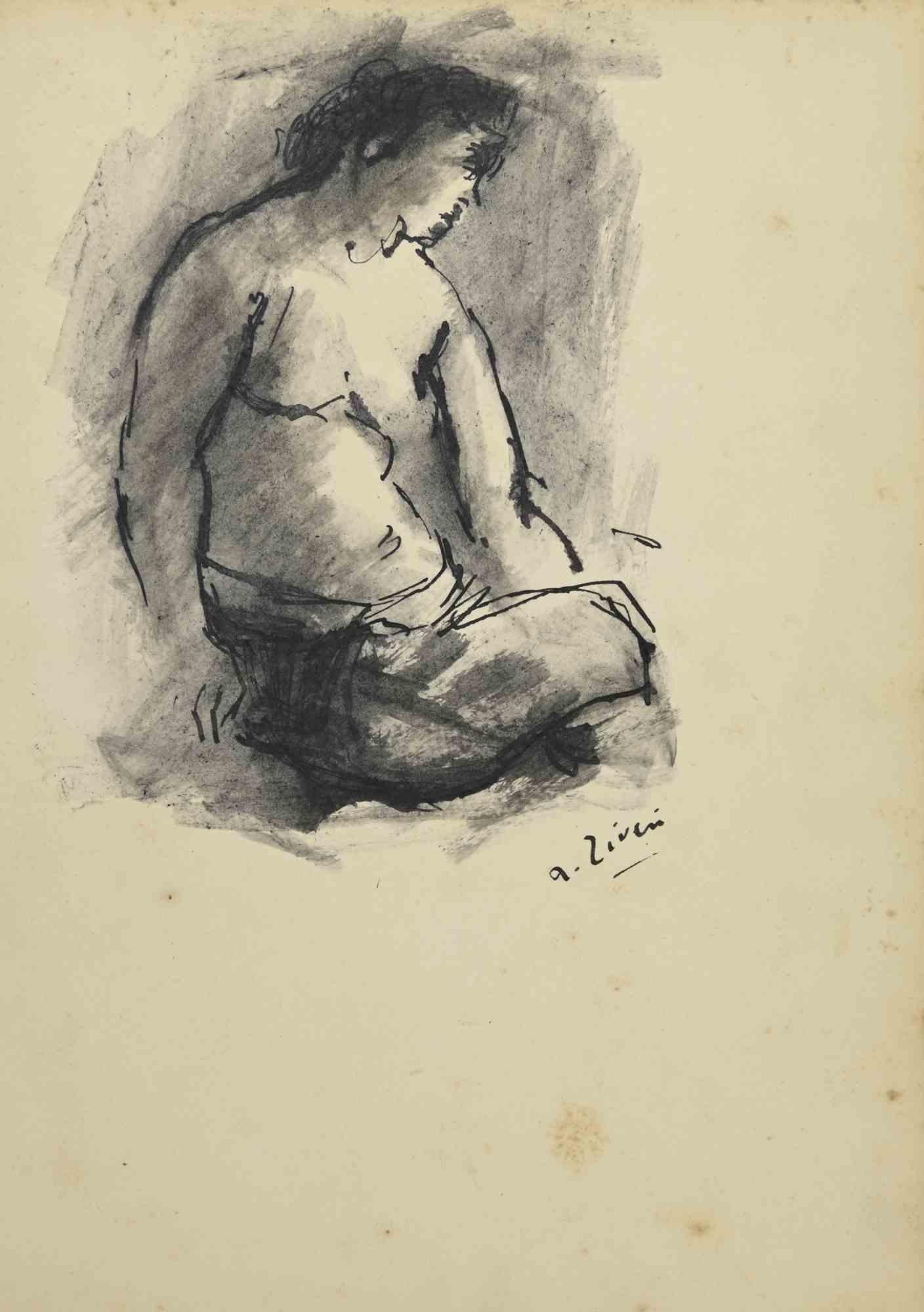 Nude ist eine Originalzeichnung von Alberto Ziveri aus den 1930er Jahren.

Aquarell und Tinte auf Papier.

Handsigniert und datiert.

In gutem Zustand mit leichten Stockflecken.

Das Kunstwerk wird durch geschickte Striche meisterhaft