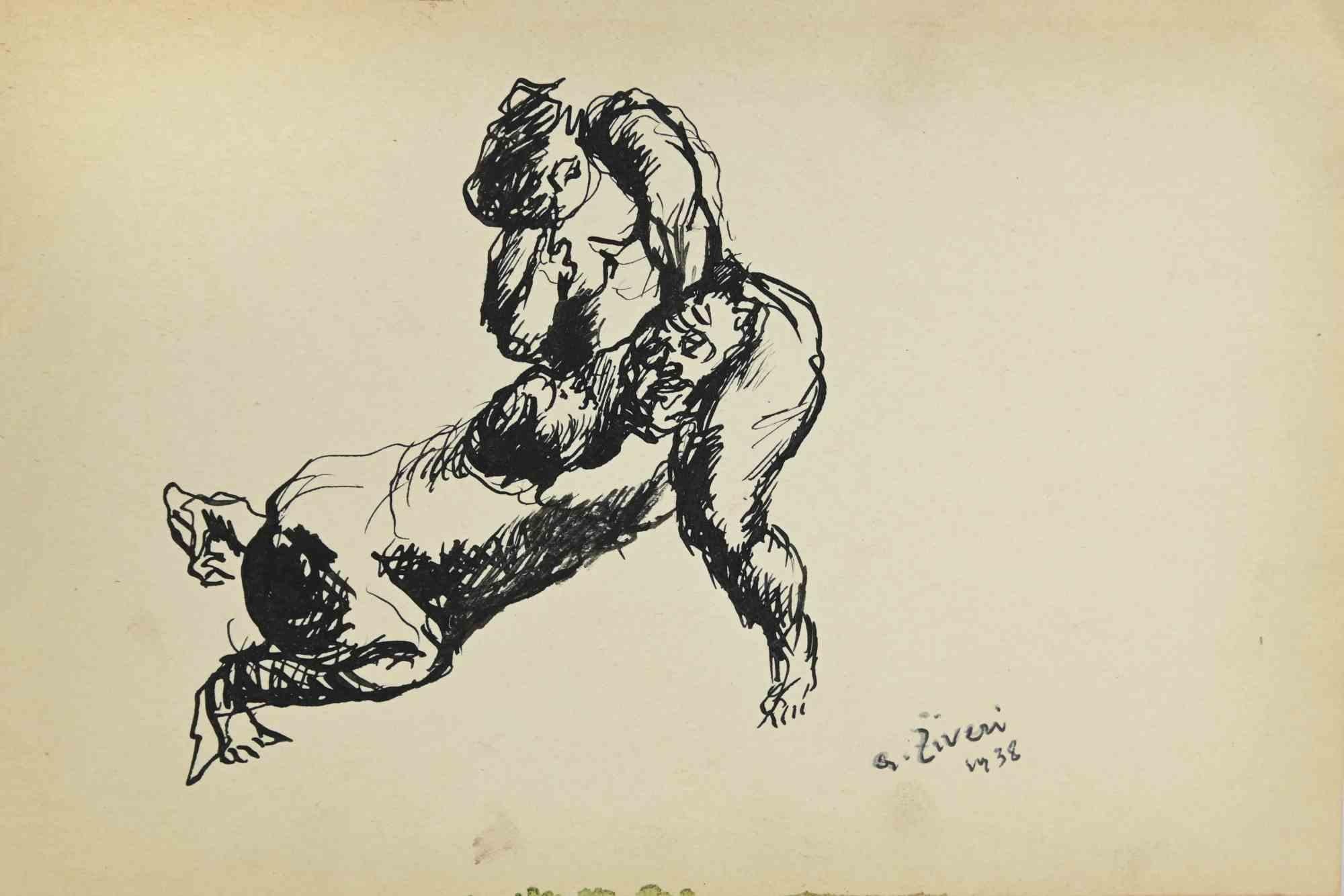 Erotic Scene ist eine Zeichnung von Alberto Ziveri aus dem Jahr 1938.

Tinte auf Papier.

Handsigniert und datiert.

In gutem Zustand mit leichten Stockflecken.

Das Kunstwerk wird durch geschickte Striche meisterhaft dargestellt.

Alberto Ziveri