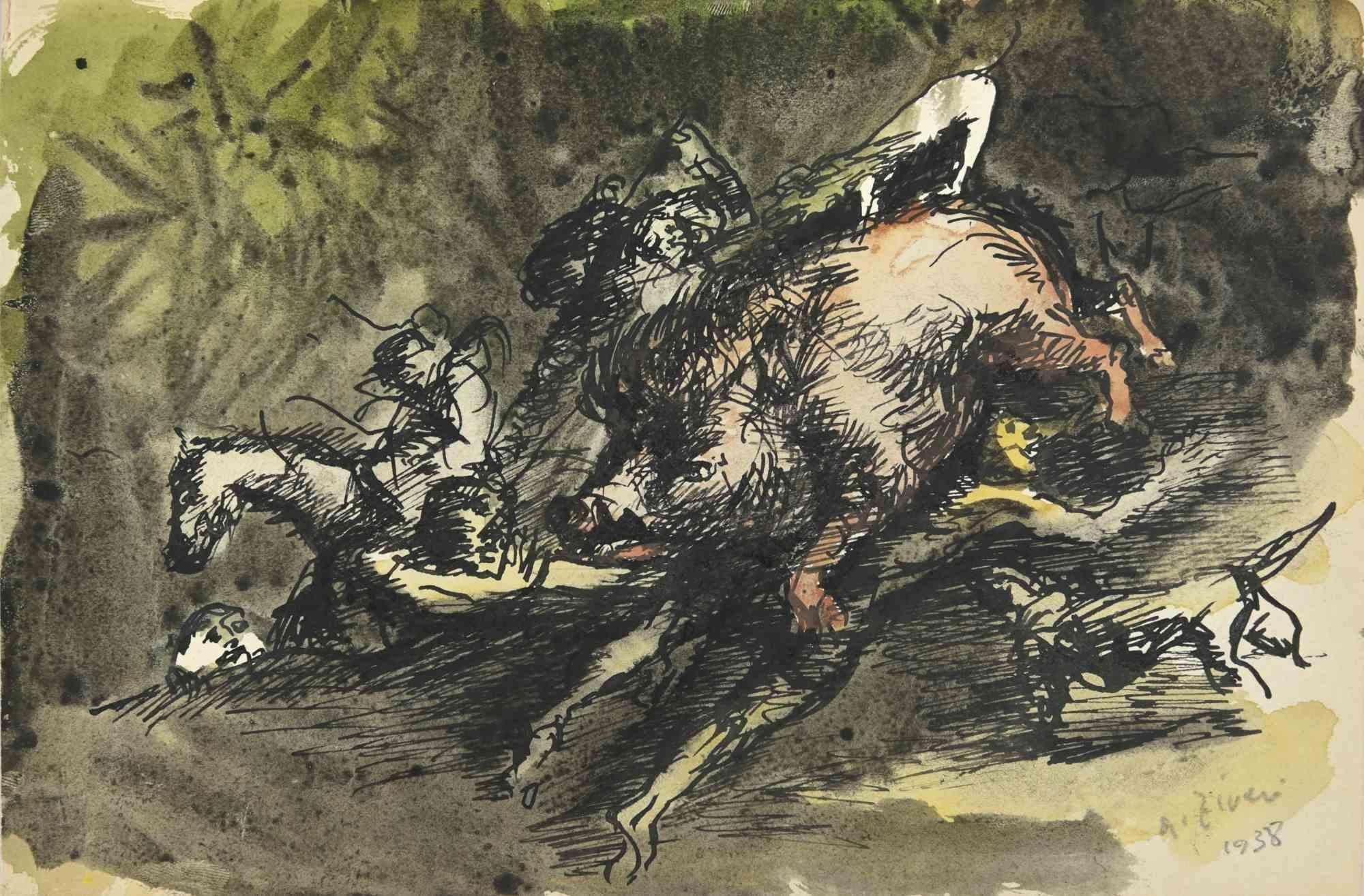 Hunting is a drawing realized by Alberto Ziveri in 1938.

Ink and Watercolor on paper.

Hand-signed and dated.

In good conditions.

The artwork is represented through deft strokes masterly.

Alberto Ziveri (Rome,1908 – 1990), the Italian painter of