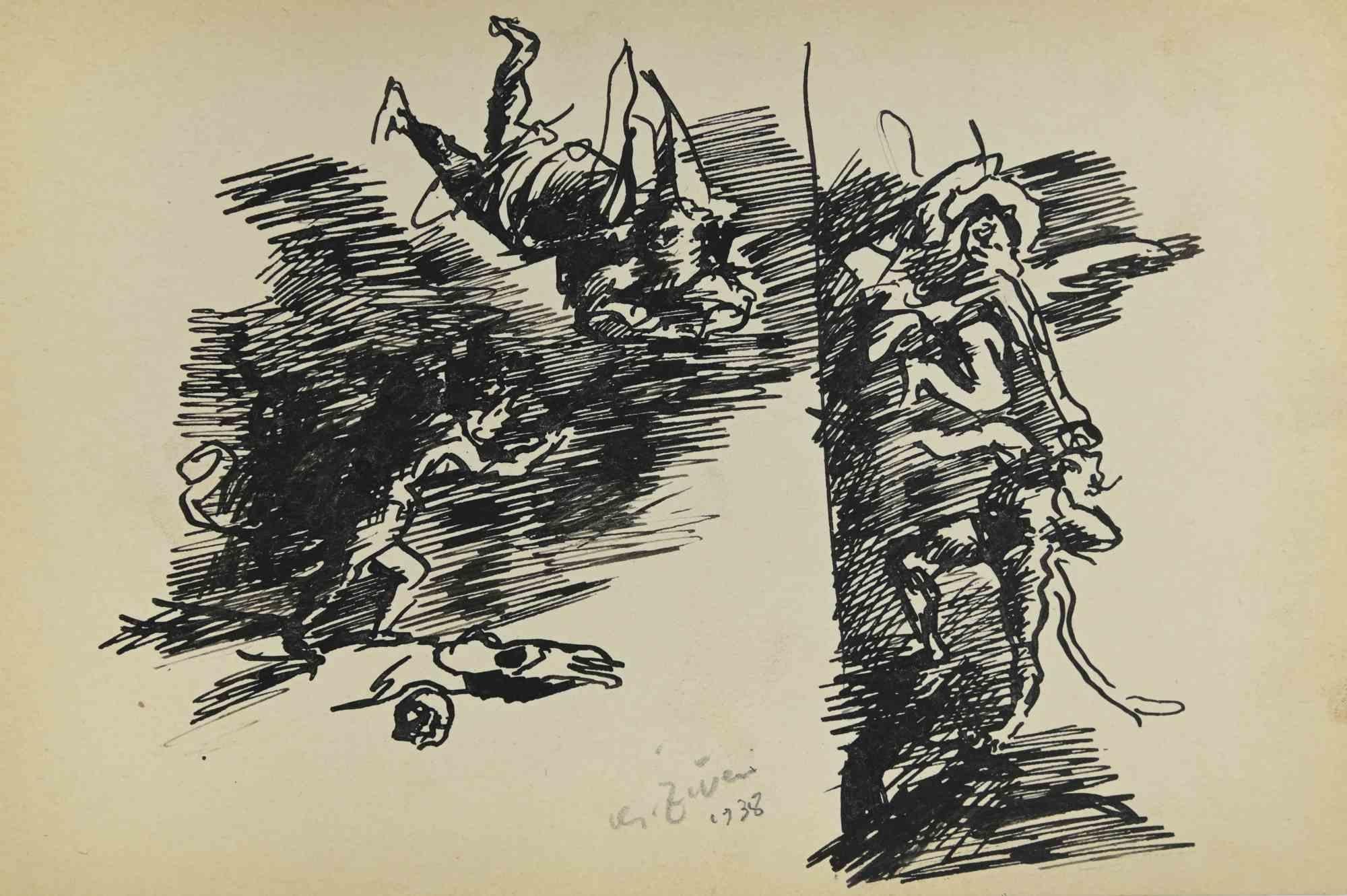 Die Figuren sind eine Zeichnung von Alberto Ziveri aus dem Jahr 1938.

Tinte auf Papier.

Handsigniert und datiert.

In gutem Zustand.

Das Kunstwerk wird durch geschickte Striche meisterhaft dargestellt.

Alberto Ziveri (Rom, 1908 - 1990), der