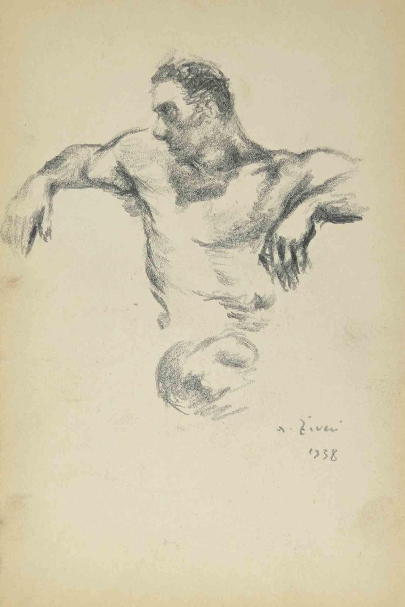 Male Nude ist eine Zeichnung von Alberto Ziveri aus dem Jahr 1938.

Zeichenkohle auf Papier.

Am unteren Rand handsigniert und datiert.

In gutem Zustand

Das Kunstwerk wird durch geschickte Striche meisterhaft dargestellt.

Alberto Ziveri (Rom,