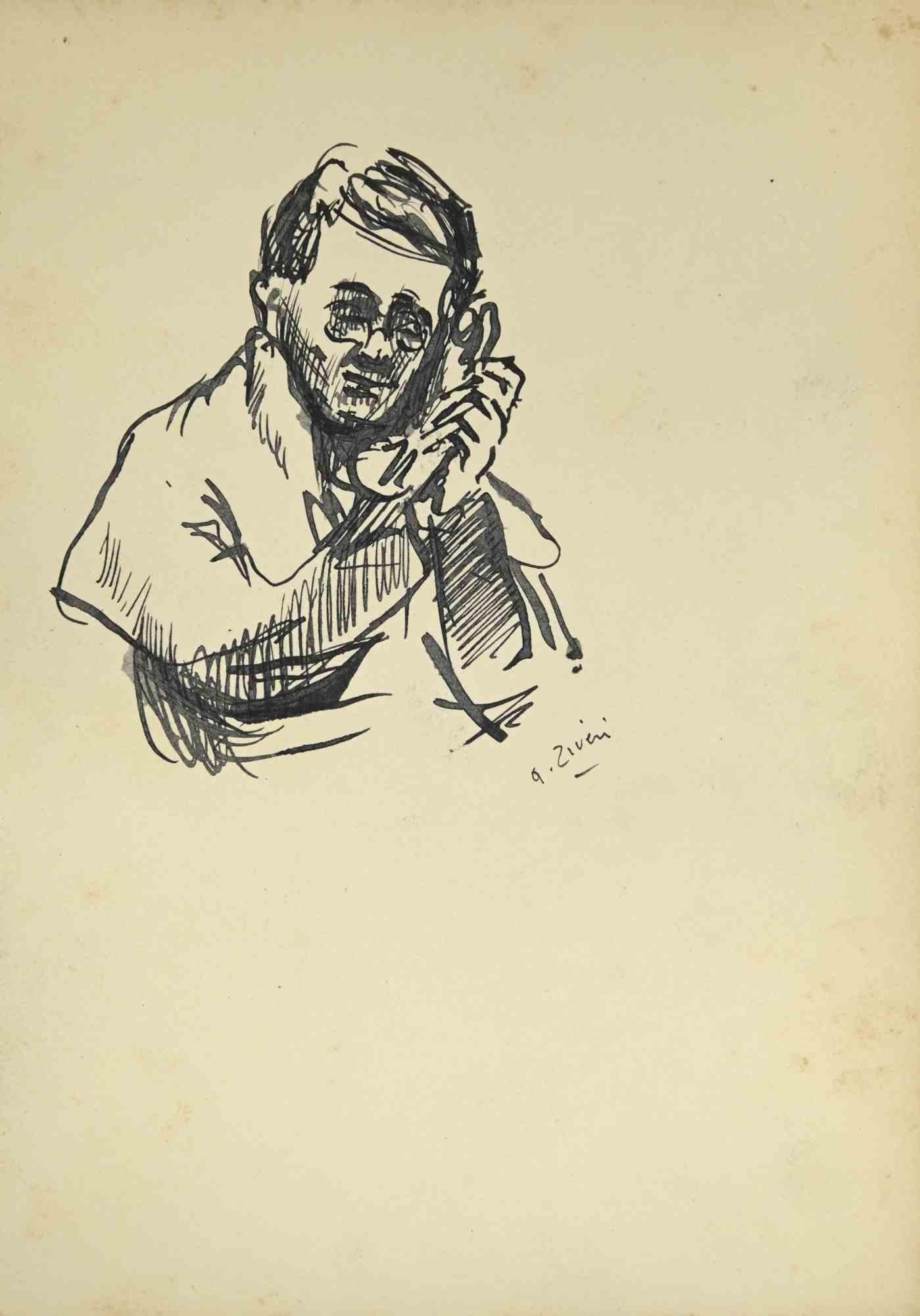 The Man with Phone is a drawing realized by Alberto Ziveri in the 1930s.

Watercolor on paper.

Hand-signed.

In good condition with slight foxing.

The artwork is represented through deft strokes masterly.

aAlberto Ziveri (Rome,1908 – 1990), the