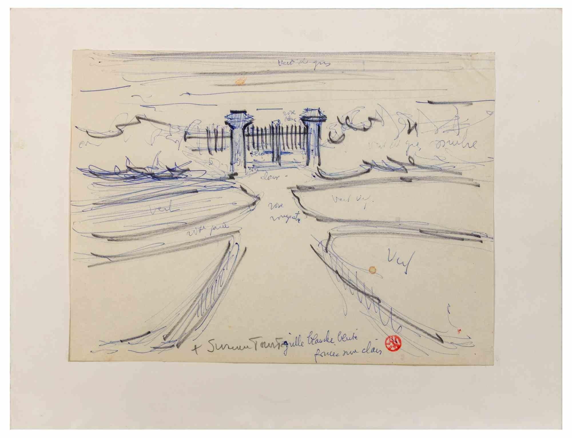 Das Tor  ist ein Kunstwerk von Suzanne Tourte aus den 1940er Jahren. 

Stift, schwarzer Marker und Bleistift auf Papier.

Im unteren Rand handschriftlich signiert und mit Künstlerschrift.

25 x 33 cm. 

Guter Zustand, mit Ausnahme von zwei Flecken
