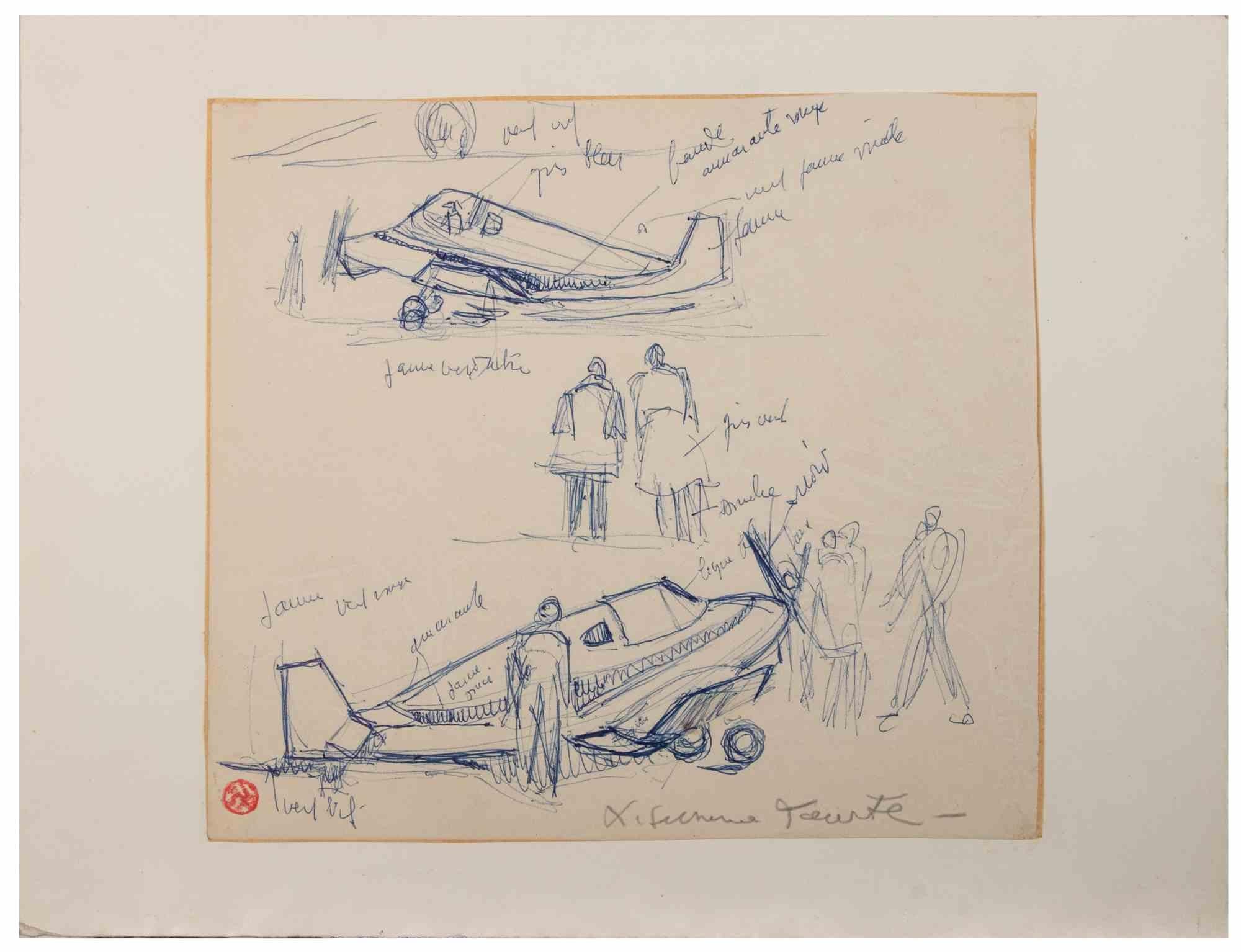 Der Flughafen  ist ein Kunstwerk von Suzanne Tourte aus den 1940er Jahren. 

Stift auf Papier.

Im unteren Rand handschriftlich signiert und mit dem Stempel des Künstlers auf der rechten Seite. 

20 x 23 cm. 

Guter Zustand, abgesehen von einer