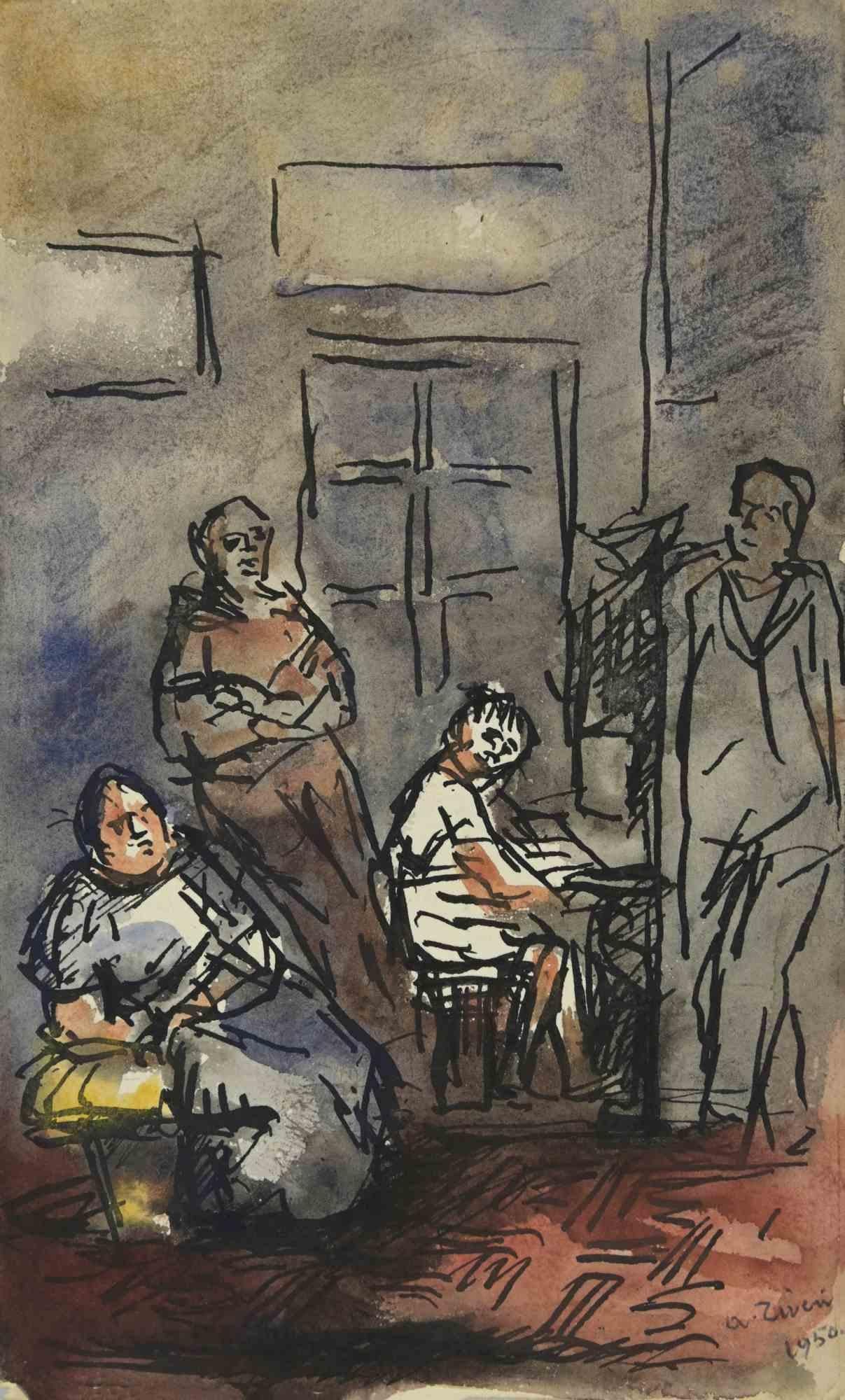 The Piano Listeners – Zeichnung von Alberto Ziveri – 1950