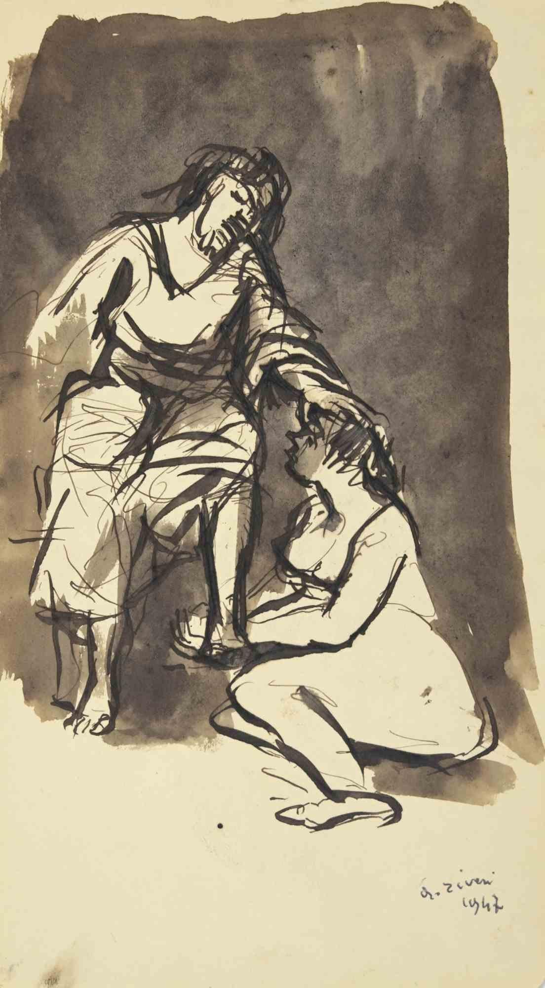 Das Gebet ist eine Zeichnung von Alberto Ziveri aus dem Jahr 1947

Tusche und Aquarell auf Papier.

Handsigniert.

In gutem Zustand. 

Das Kunstwerk wird durch geschickte Striche meisterhaft dargestellt.

Alberto Ziveri (Rom, 1908 - 1990), der