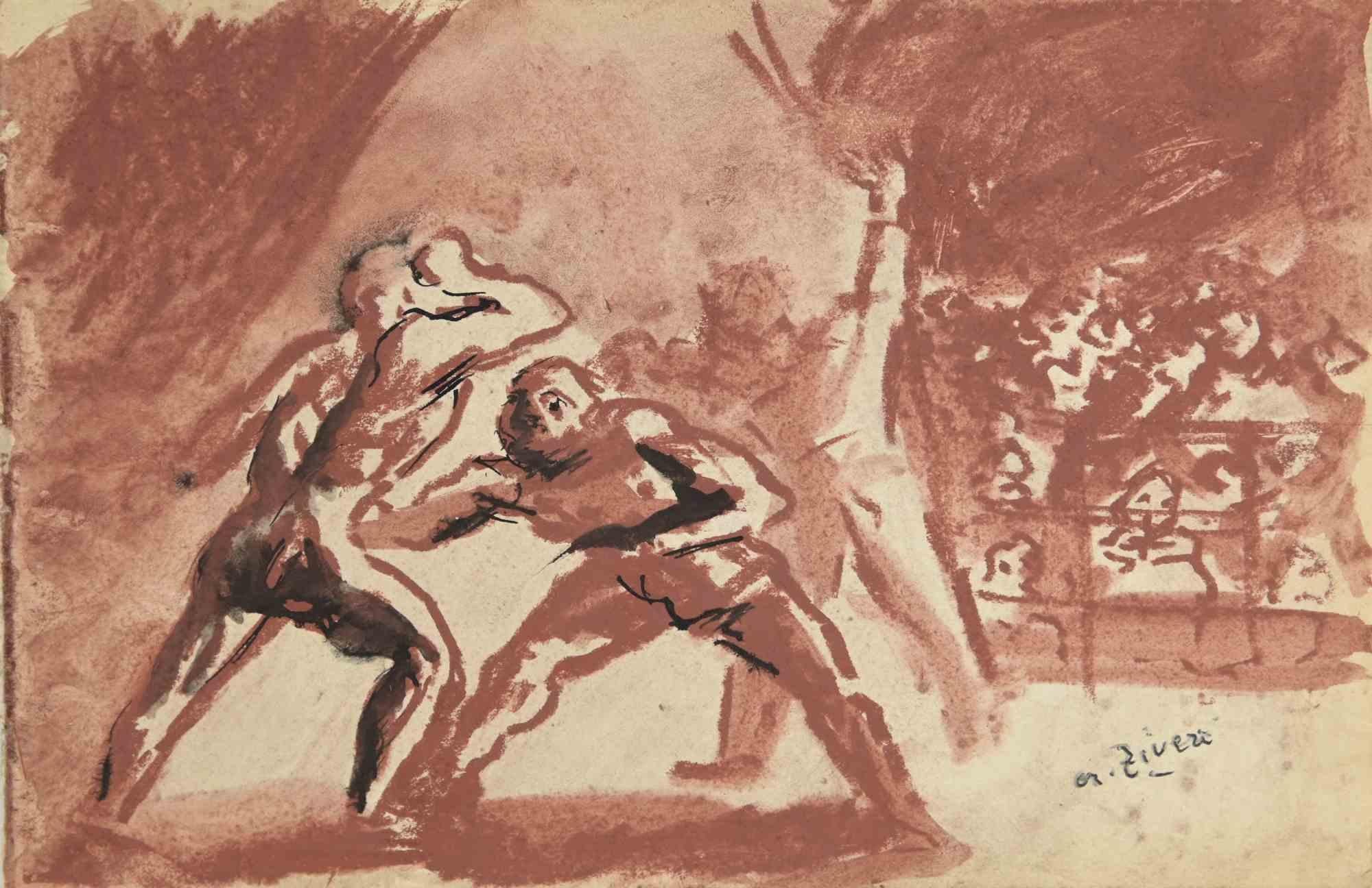 The Wresteling – Zeichnung von Alberto Ziveri – 1930er Jahre