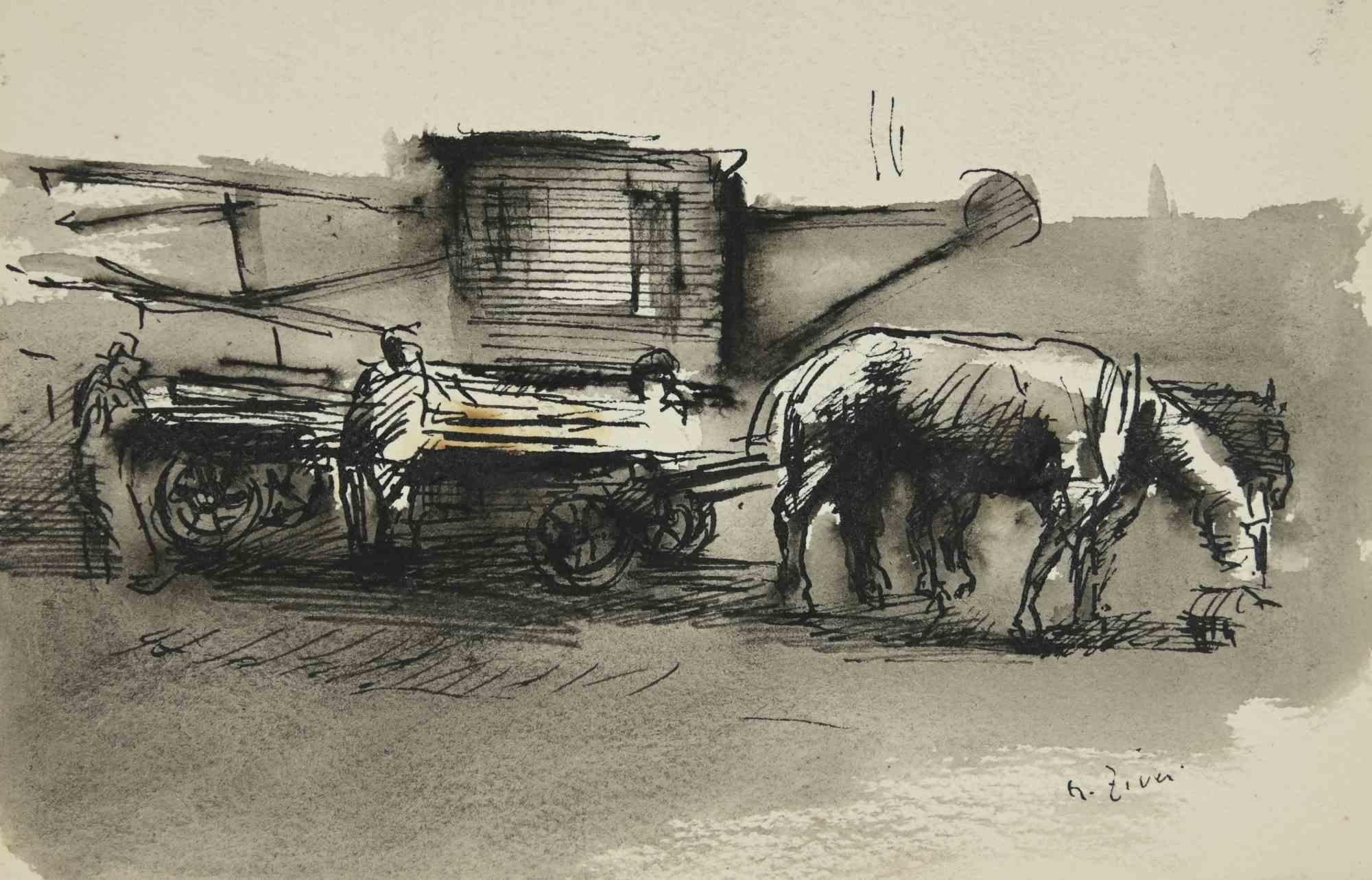 The Carriage is a drawing realized by Alberto Ziveri in 1930s

Ink and Watercolor on paper.

Hand-signed.

In good condition with slight foxing.

The artwork is represented through deft strokes masterly.

Alberto Ziveri (Rome,1908 – 1990), the