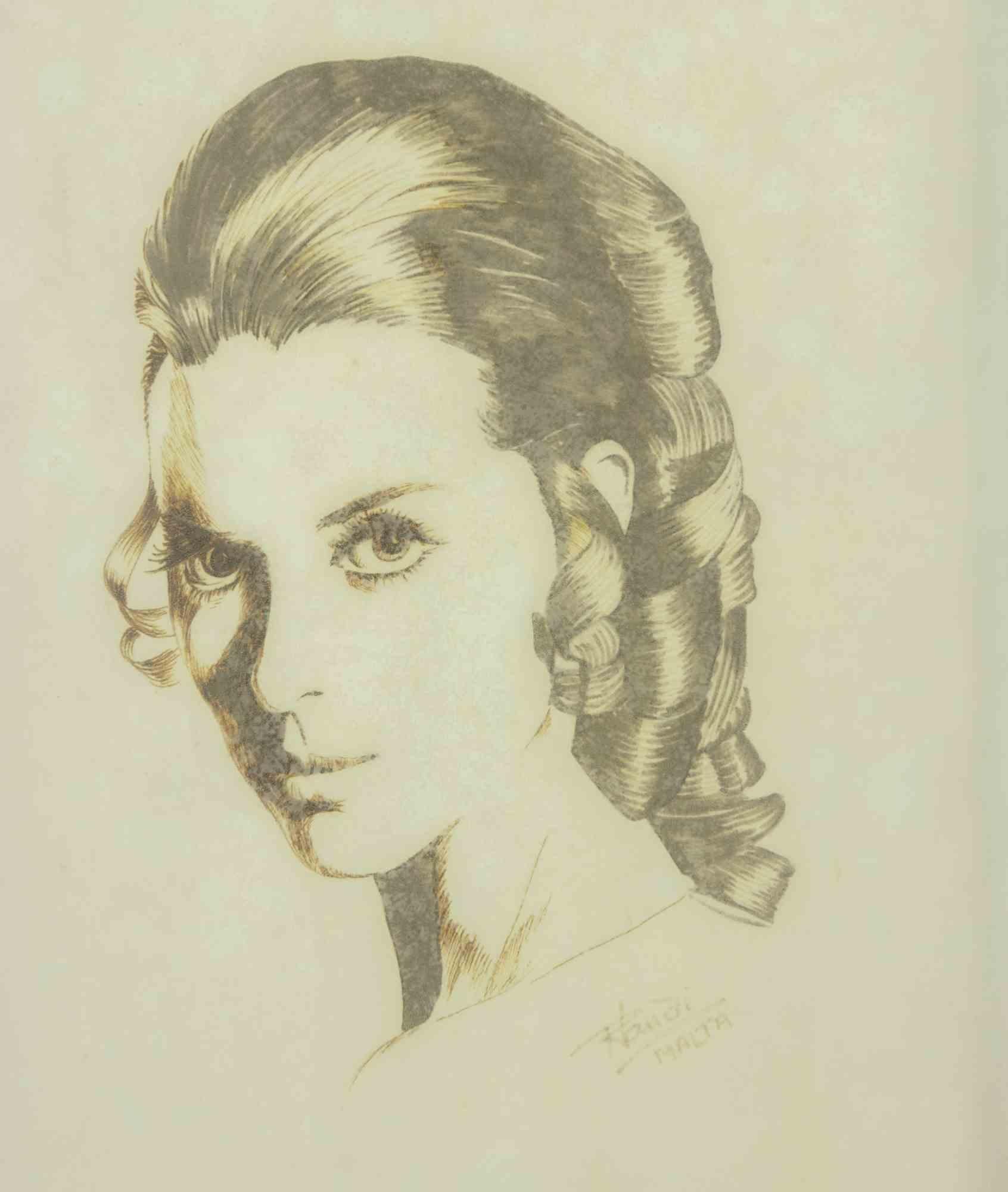 Unknown Figurative Art – Frauenporträt – Zeichnung – 1970er Jahre