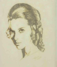 Antique Female Portrait - Drawing - 1970s