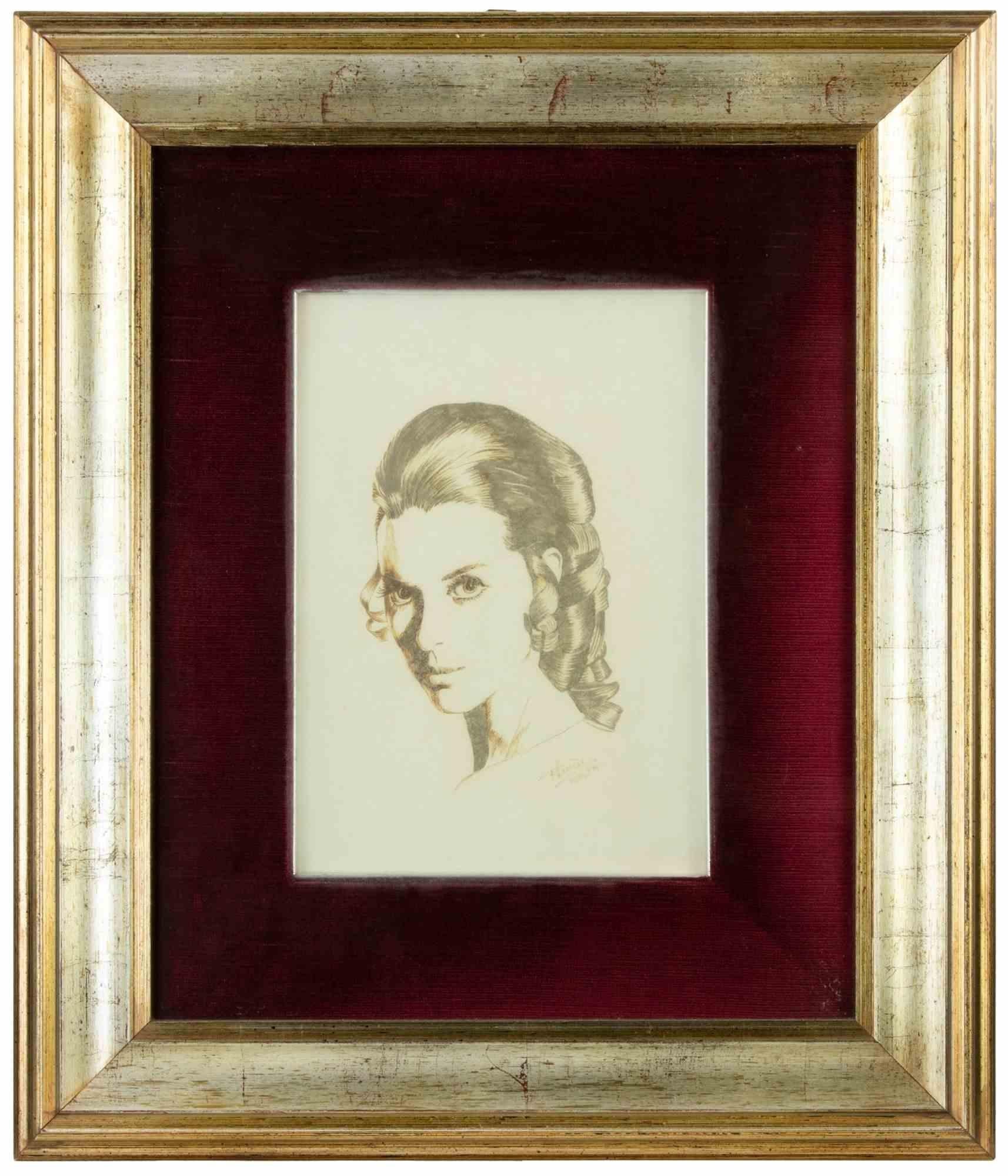 Female Portrait - Drawing - 1970s - Modern Art by Unknown