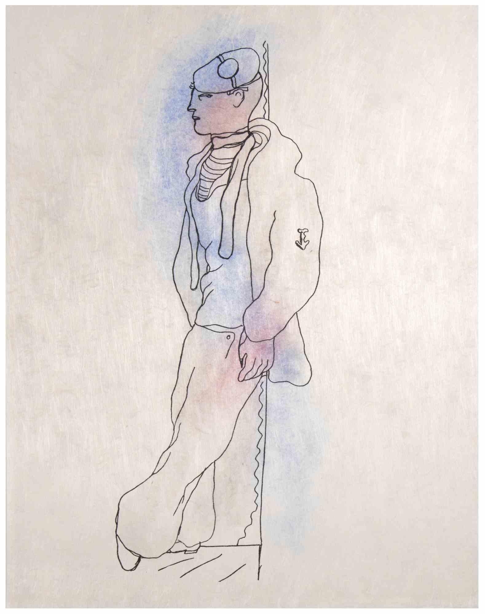 Figure is a Colored lithograph realized by Jean Cocteau (1889 -1963) in 1930 ca. 

French draftsman, poet, essayist, playwright, librettist, film director.

Not signed, Good conditions.

Jean Cocteau , influential french artist and writer, is a
