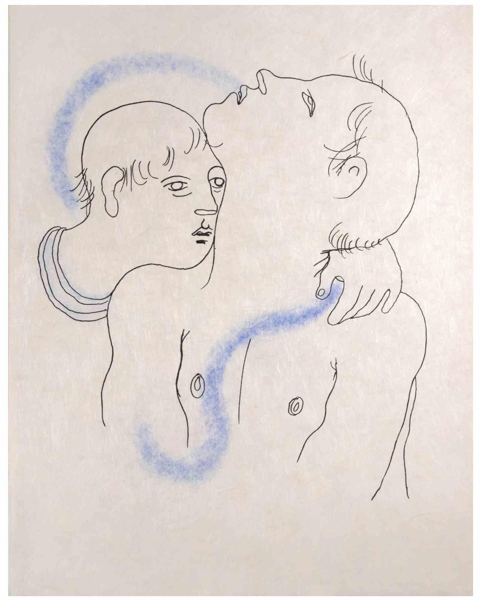 Lovers is a Colored lithograph realized by Jean Cocteau (1889 -1963) in 1930 ca. 

French draftsman, poet, essayist, playwright, librettist, film director.

Good conditions.

Jean Cocteau , influential french artist and writer, is a major figure of