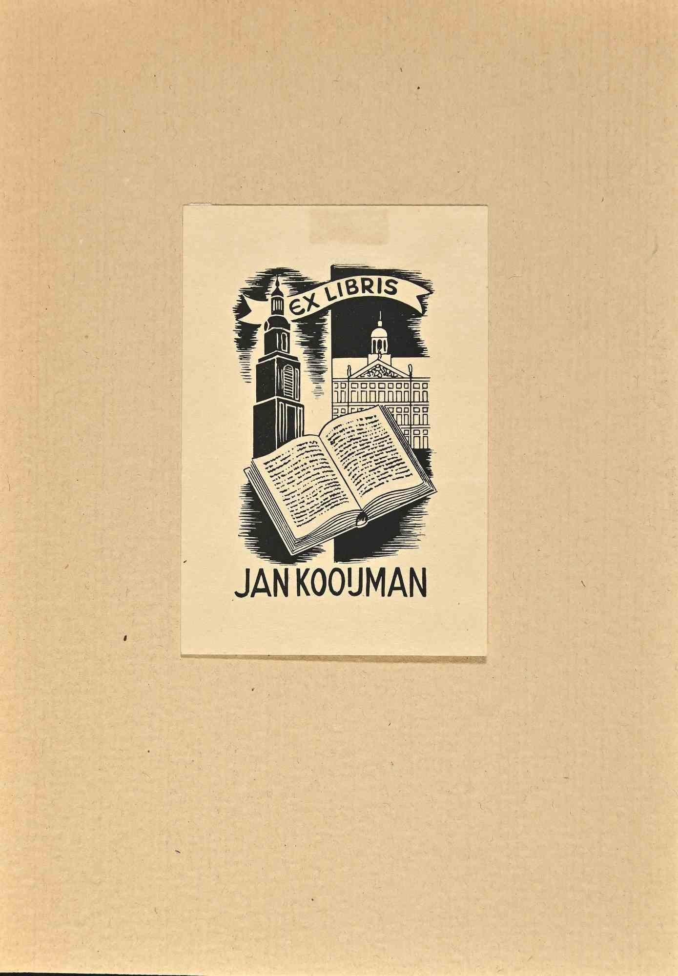 Ex Libris de Jan Koouman, gravure sur bois, milieu du 20e siècle - Art de Unknown