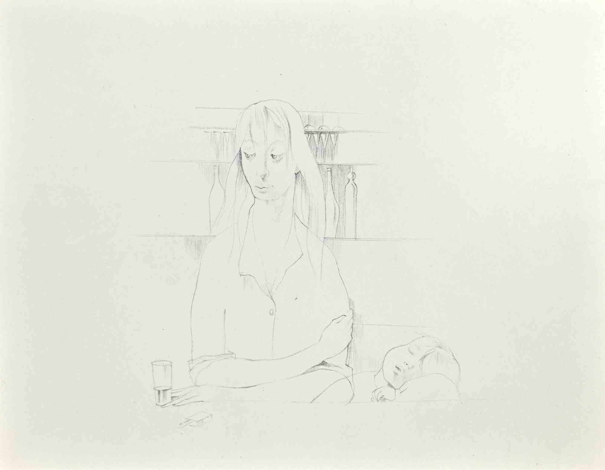 Mother and Child - Drawing on Paper by Buscot - 1950s