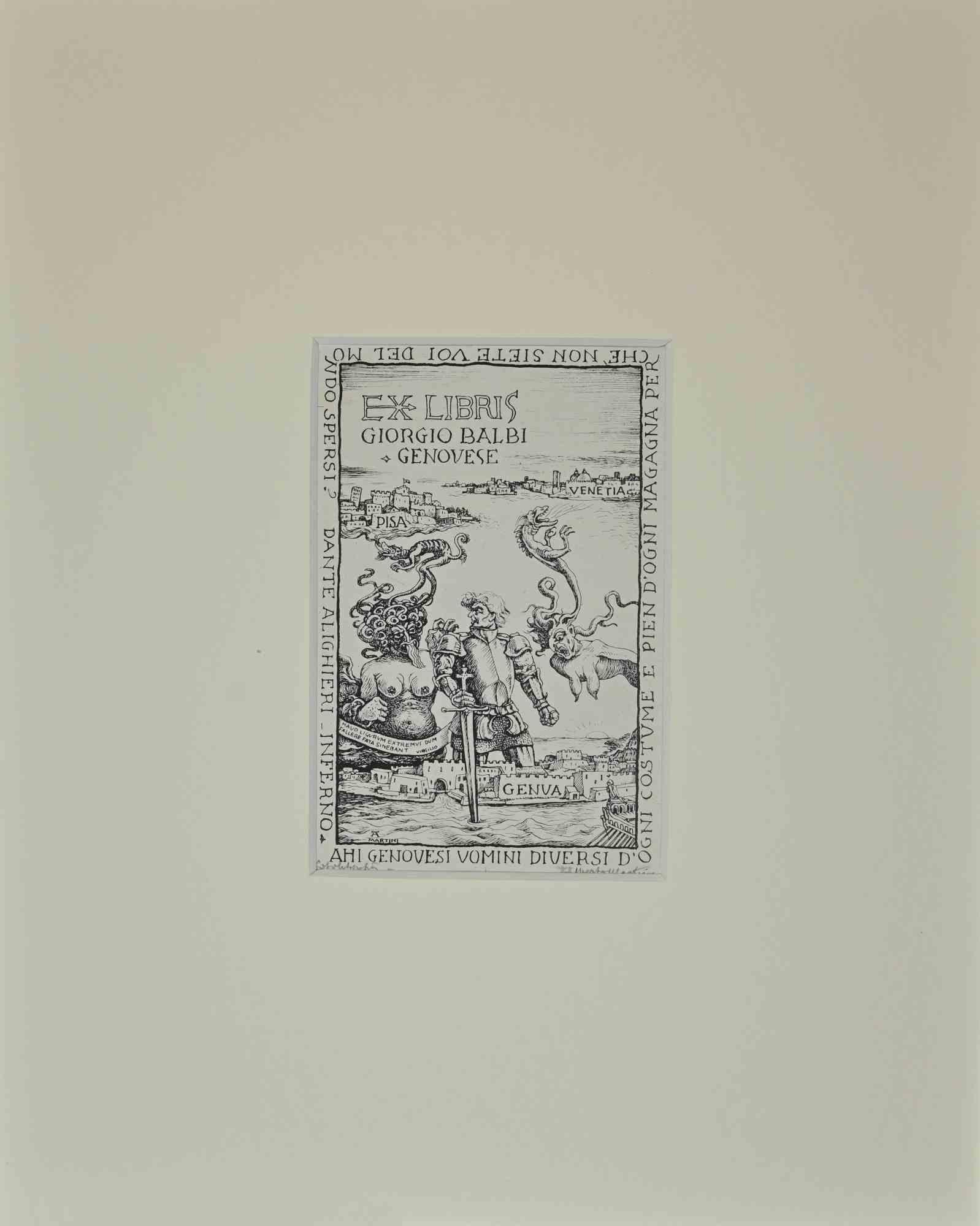 Alberto Martini Figurative Print - Ex Libris Giorgio Balbi - Woodcut - 1942