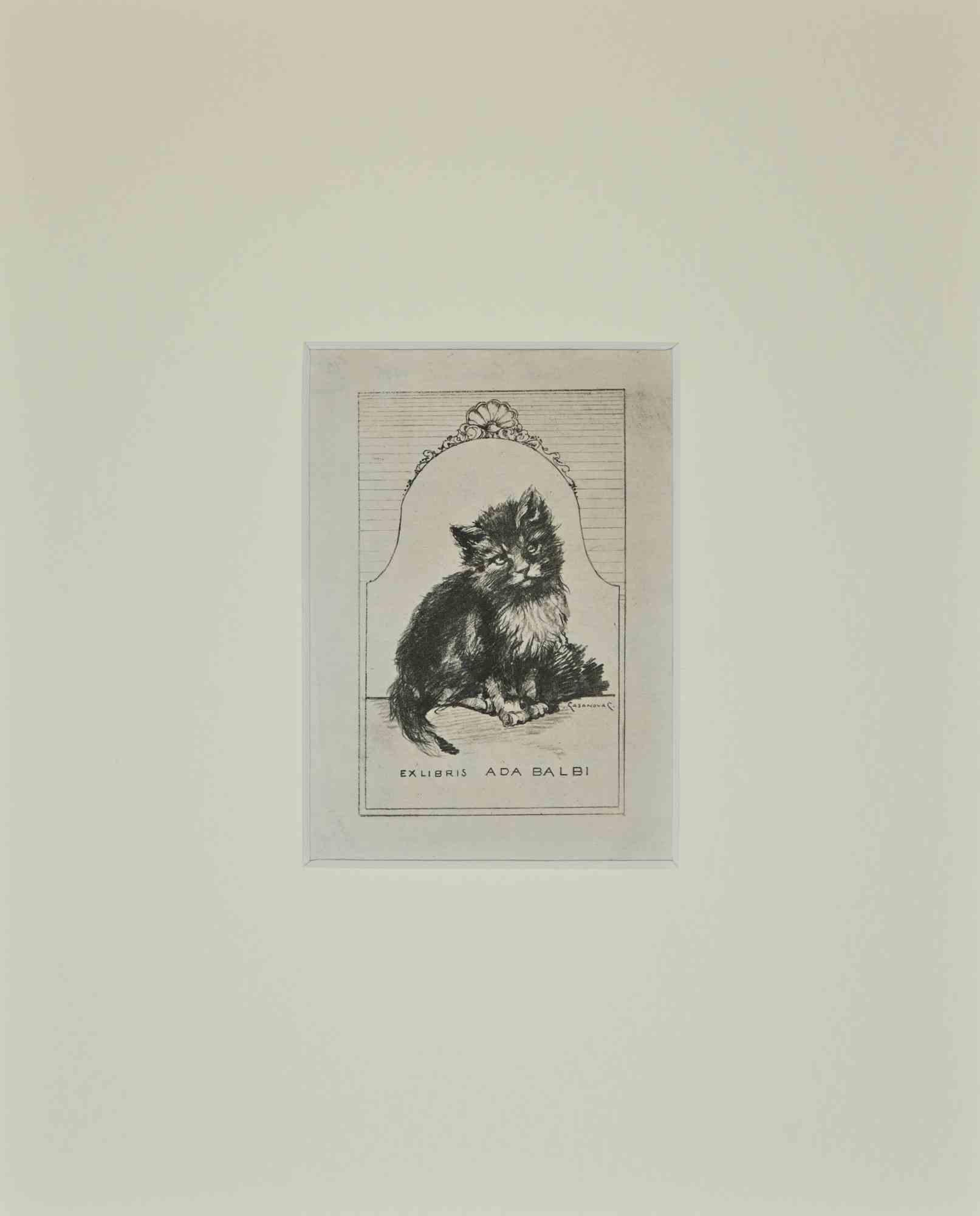 Ex Libris  pour Ada Balbi, gravure sur bois, milieu du 20e siècle - Art de Carlo Casanova