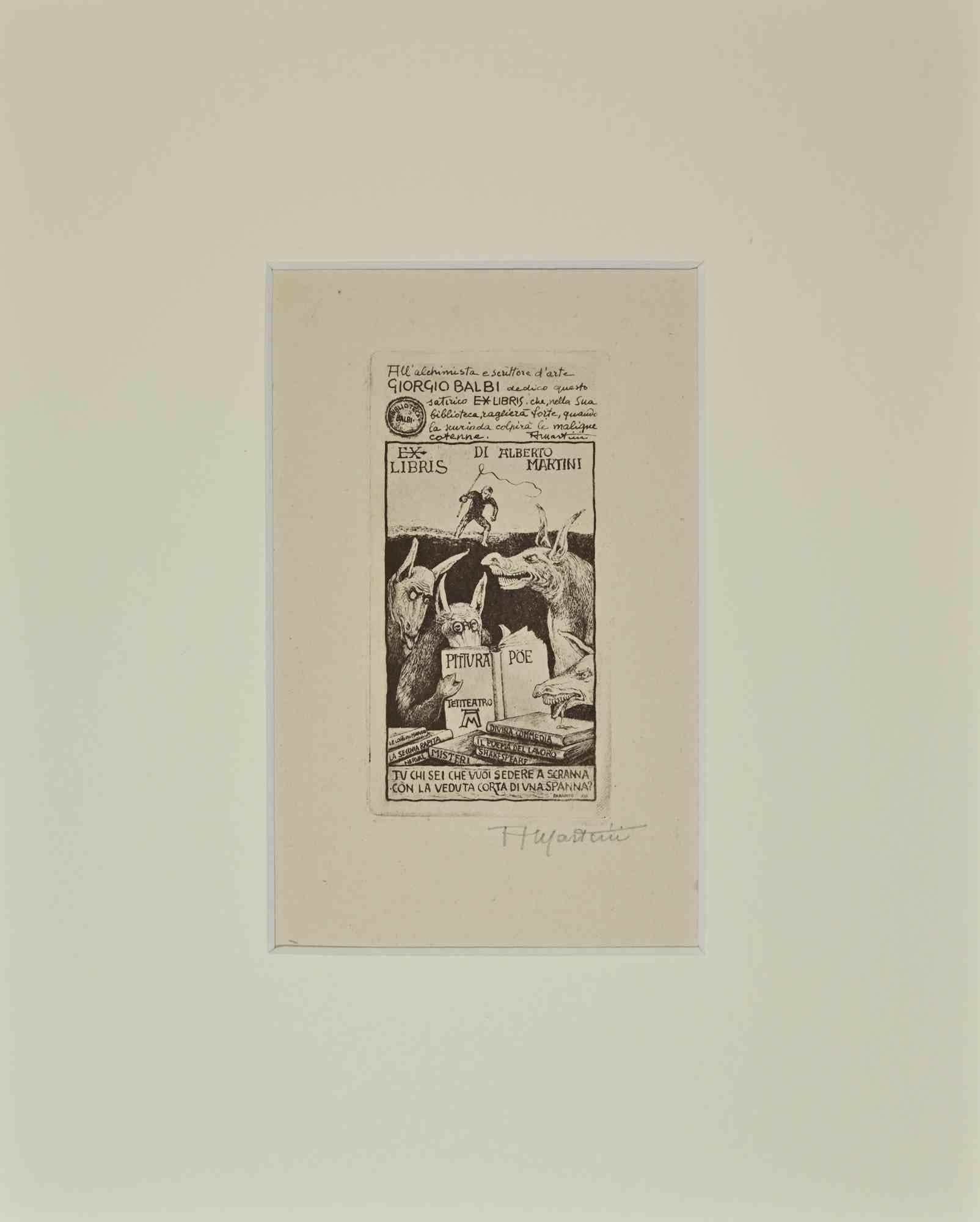 Alberto Martini Figurative Print - Ex Libris Giorgio Balbi - Woodcut - Mid-20th Century