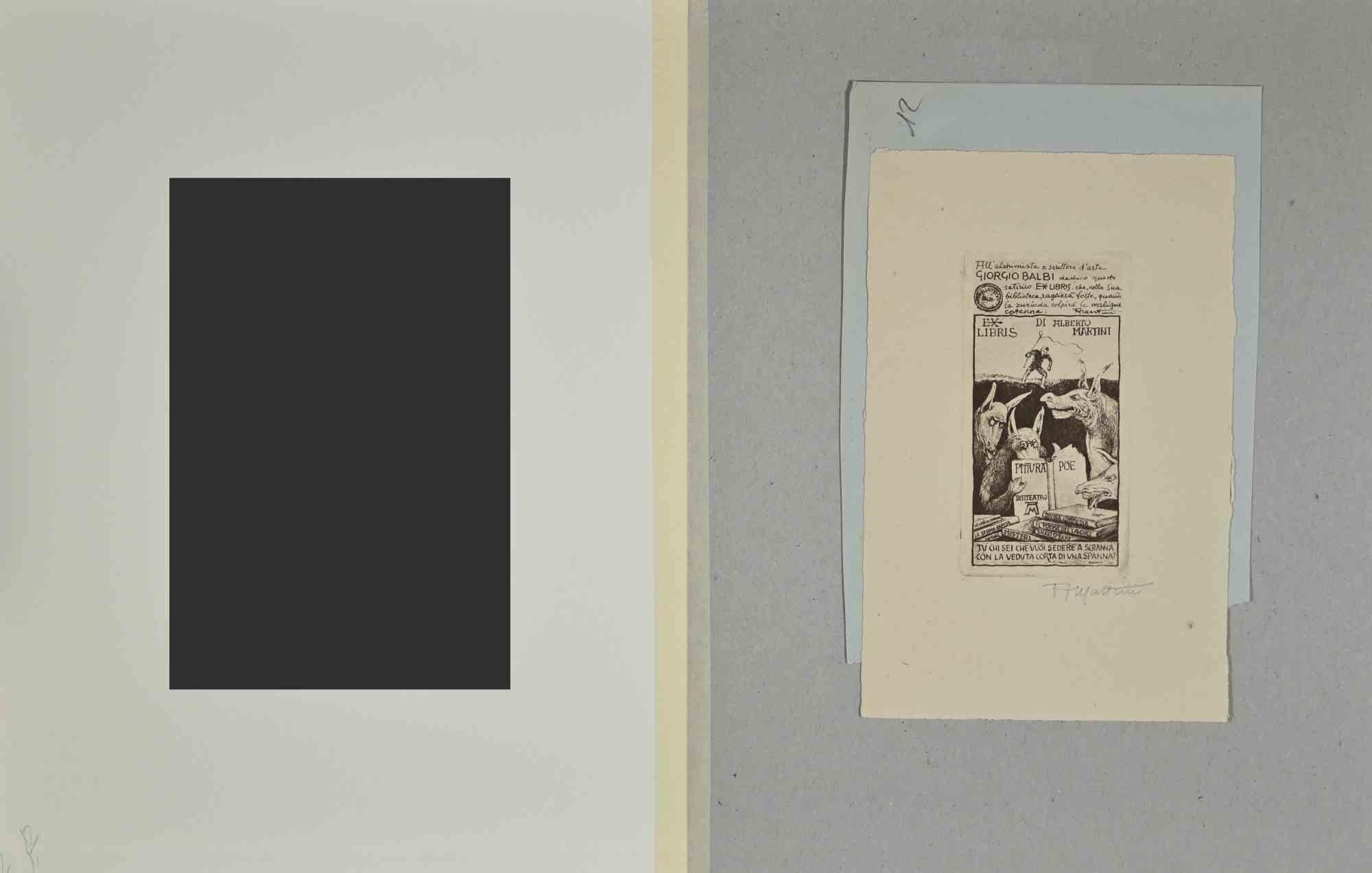 Ex Libris Giorgio Balbi - Gravure sur bois - Milieu du XXe siècle - Moderne Art par Alberto Martini
