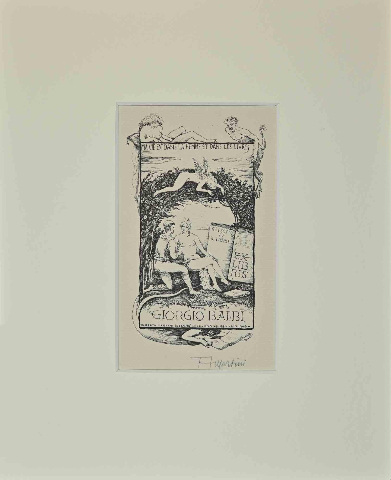 Ex Libris Giorgio Balbi - gravure sur bois - 1944 - Art de Alberto Martini