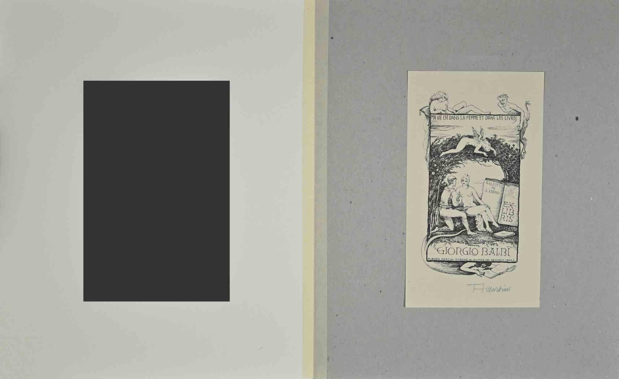 Ex Libris Giorgio Balbi - gravure sur bois - 1944 - Moderne Art par Alberto Martini