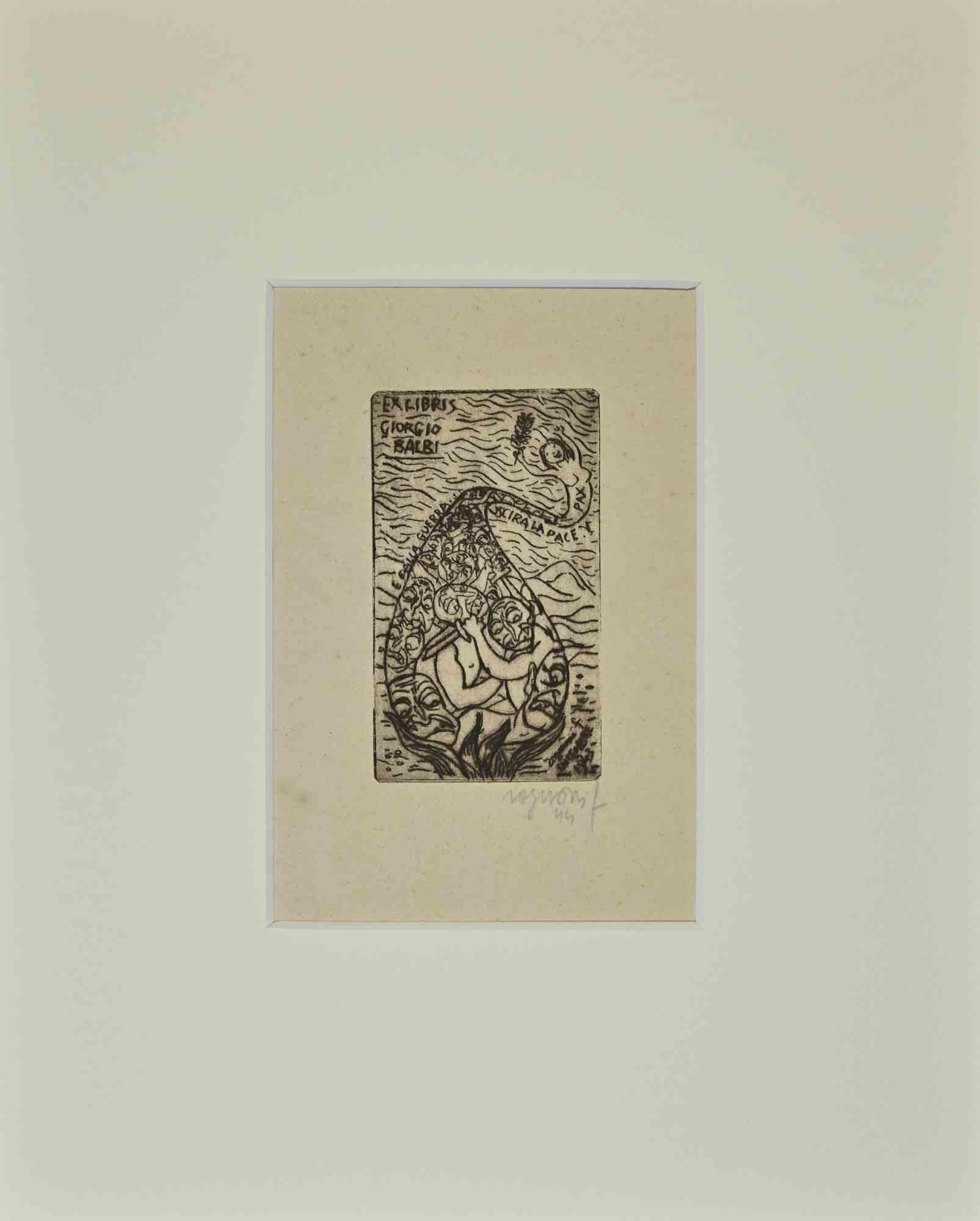Franco Rognoni Figurative Print – Ex Libris Giorgio Balbi - Holzschnitt - 1944