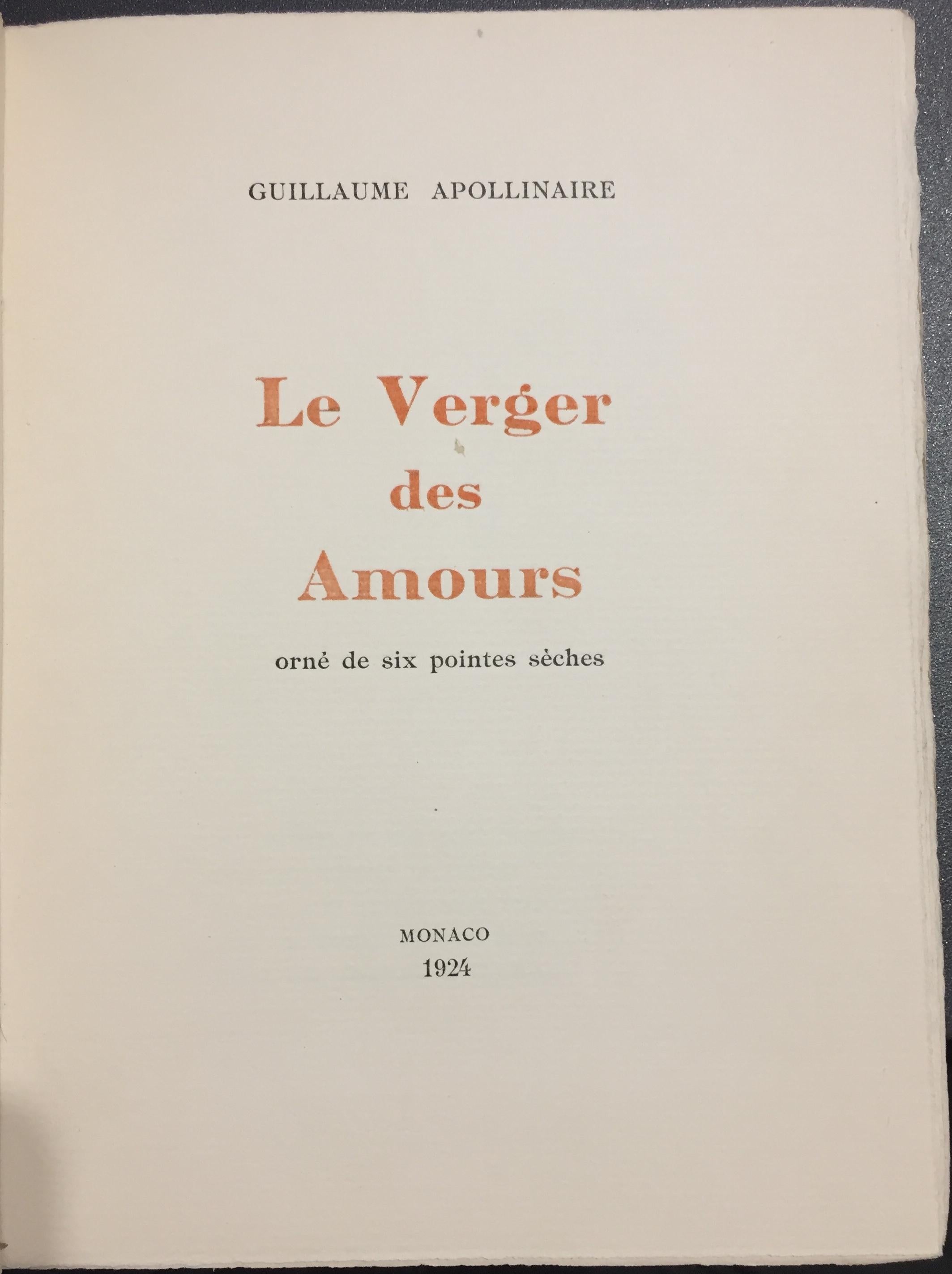 Author of the book is Guillaume Apollinaire. Edition of 100 copies including 6 drypoints (a full page engraving on frontispiece and 5 engravings in text). Copy on Vergé de Rives à la Forme. The engravings (not signed) of this book are by Foujita.