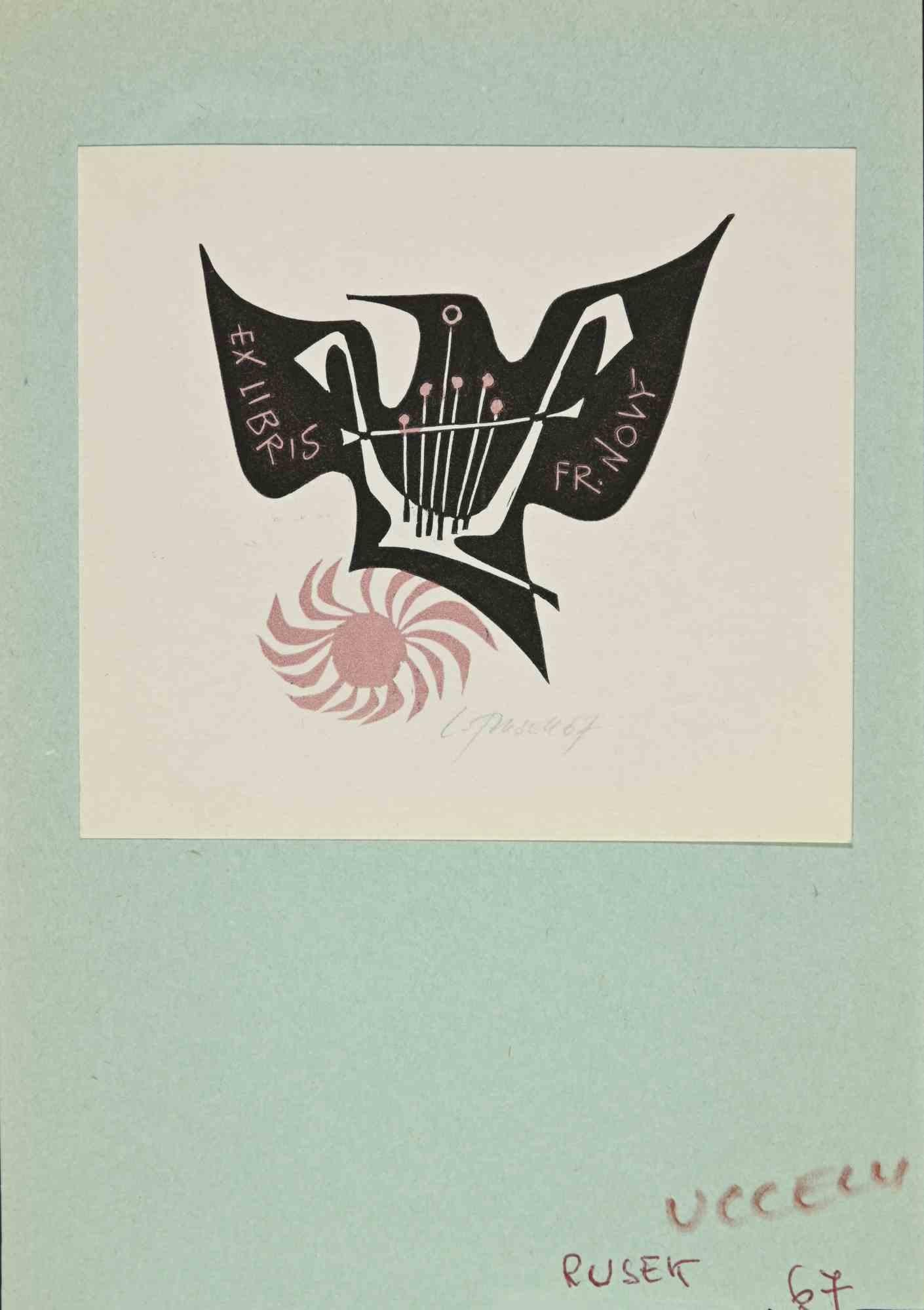 Ex- Libris - Fr. Novy est une œuvre d'art réalisée en 1967 par l'Artiste Ladislav Rusek (1927-2012).

Gravure sur bois sur papier ivoire. L'œuvre est collée sur un carton vert. Signé à la main dans la marge droite et daté.

Dimensions totales :