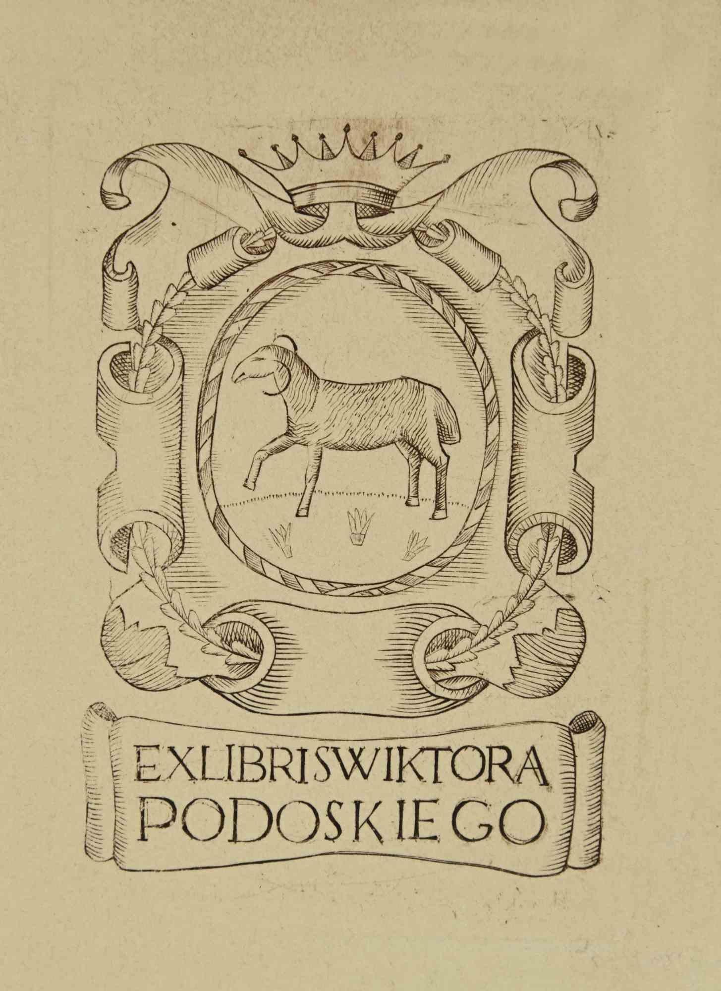 Ex libris - Wiktora Podoski Ego is an Artwork realized in 1930s, by the Artist  Wiktor Podoski (1901-1970).

Woodcut print on ivory paper. Hand Signed on back. Good conditions.

The artwork represents a minimalistic, clean design, through