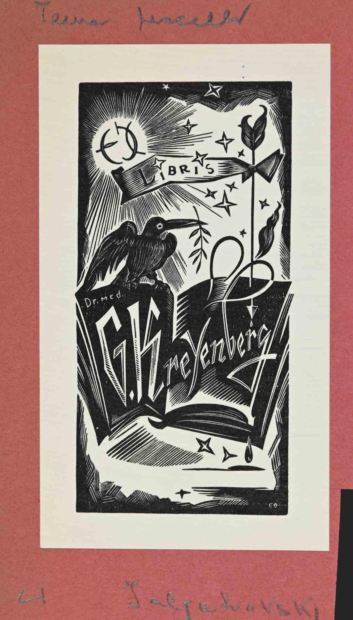 Ex libris - G. Kreyenberg is an Artwork realized in Mid 20th Century, by  M. Ialyahovski.

Woodcut print on ivory paper. Hand Signed on back. The work is glued on colored cardboard.

Total dimensions: 17.5x10.

Good conditions.

 The artwork