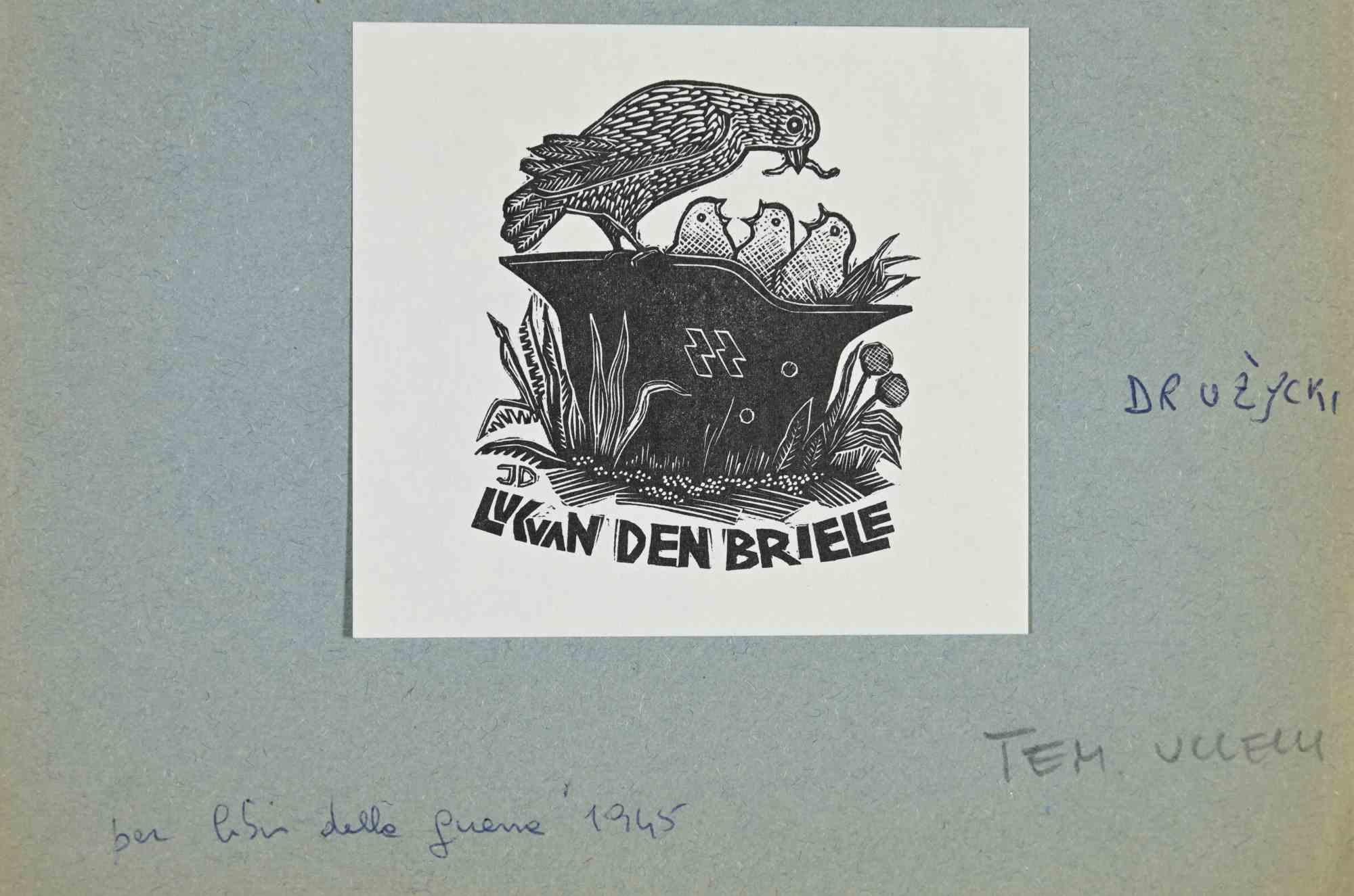 Ex libris - Lucyan den Briele is an Artwork realized in 1974  by the Artist Jerzy Druzycki (1930-1995), from Poland. 

Woodcut print on ivory paper. Monogrammed on plate on the left margin. The work is glued on colored cardboard.

Total dimensions: