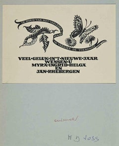 Vintage Ex libris - Butterfly - Woodcut by H.D. Voss - 1950s