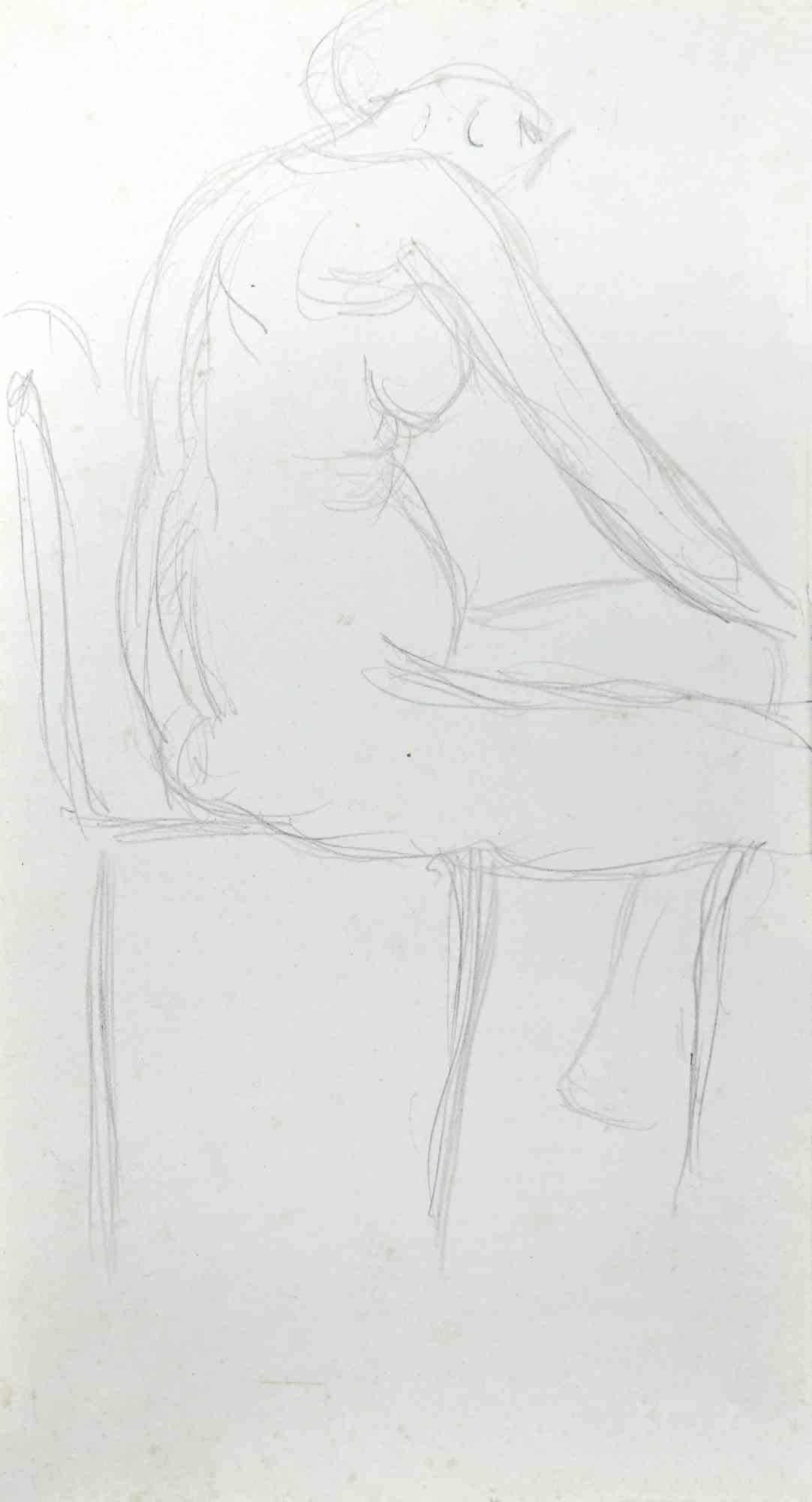 El desnudo en pose - Dibujo a lápiz - Principios del siglo XX