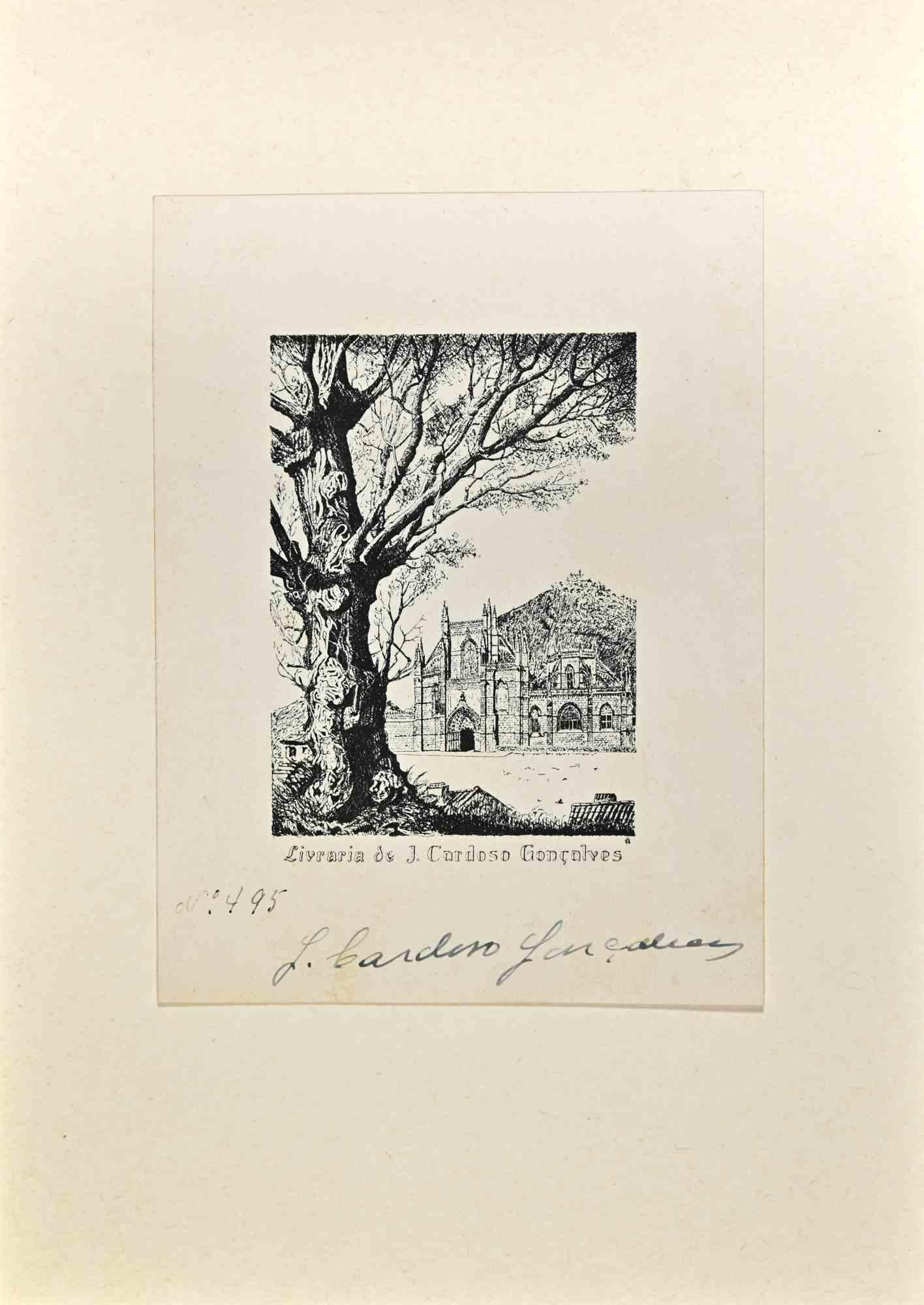 Ex Libris - Livraria - Gravure sur bois - Milieu du 20e siècle - Art de Unknown
