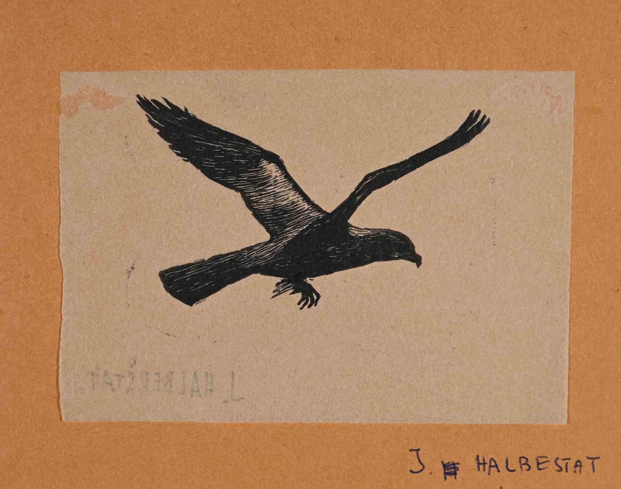 Ex- Libris – Vogel – Holzschnitt von  J. Halberstat – Mitte des 20. Jahrhunderts