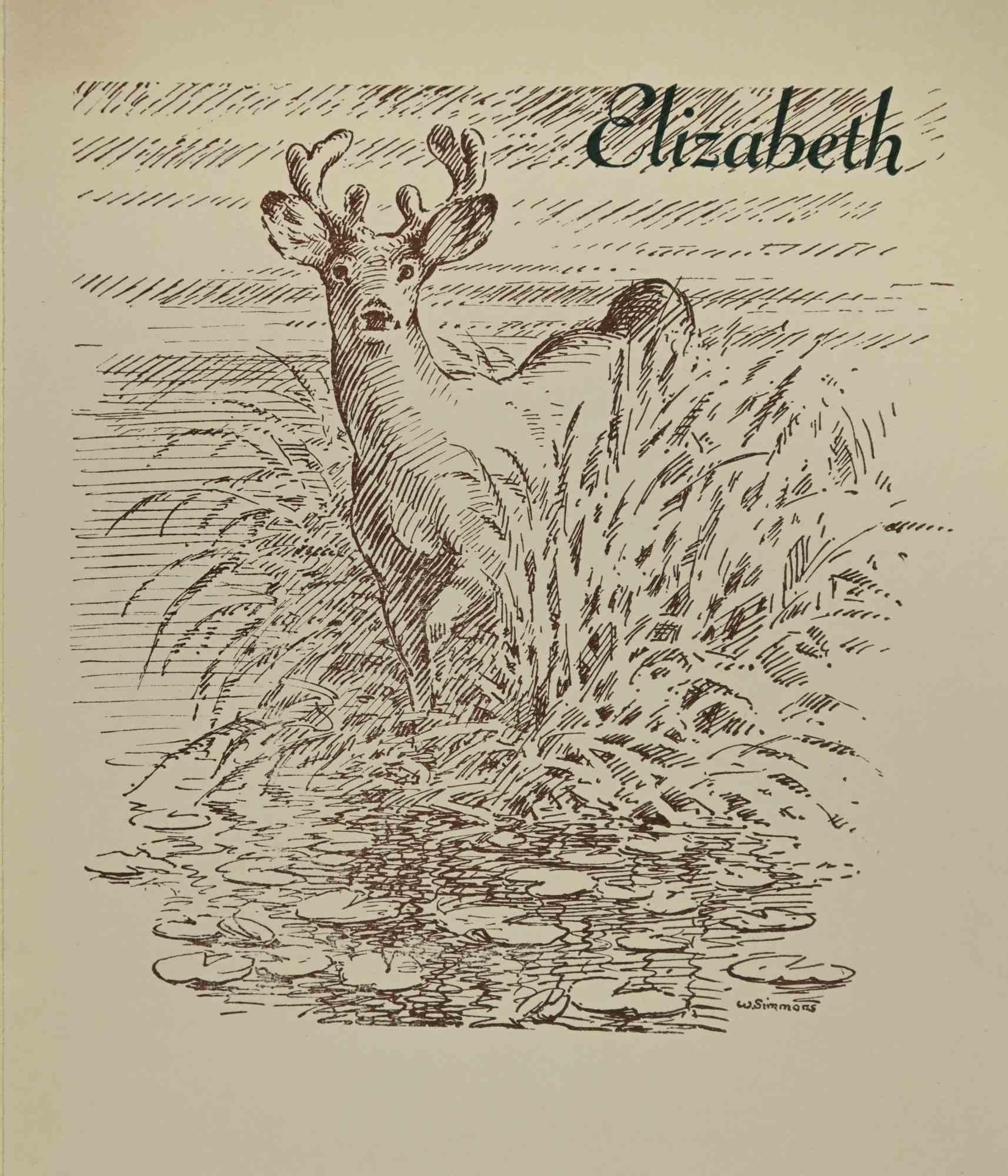 Ex- Libris - Elizabeth ist ein Kunstwerk, das in den 1930er Jahren von dem amerikanischen Künstler William Simmons geschaffen wurde.

Holzschnitt B./W. Druck auf Elfenbeinpapier. Signiert auf der Platte am rechten Rand. Das Werk ist auf Karton