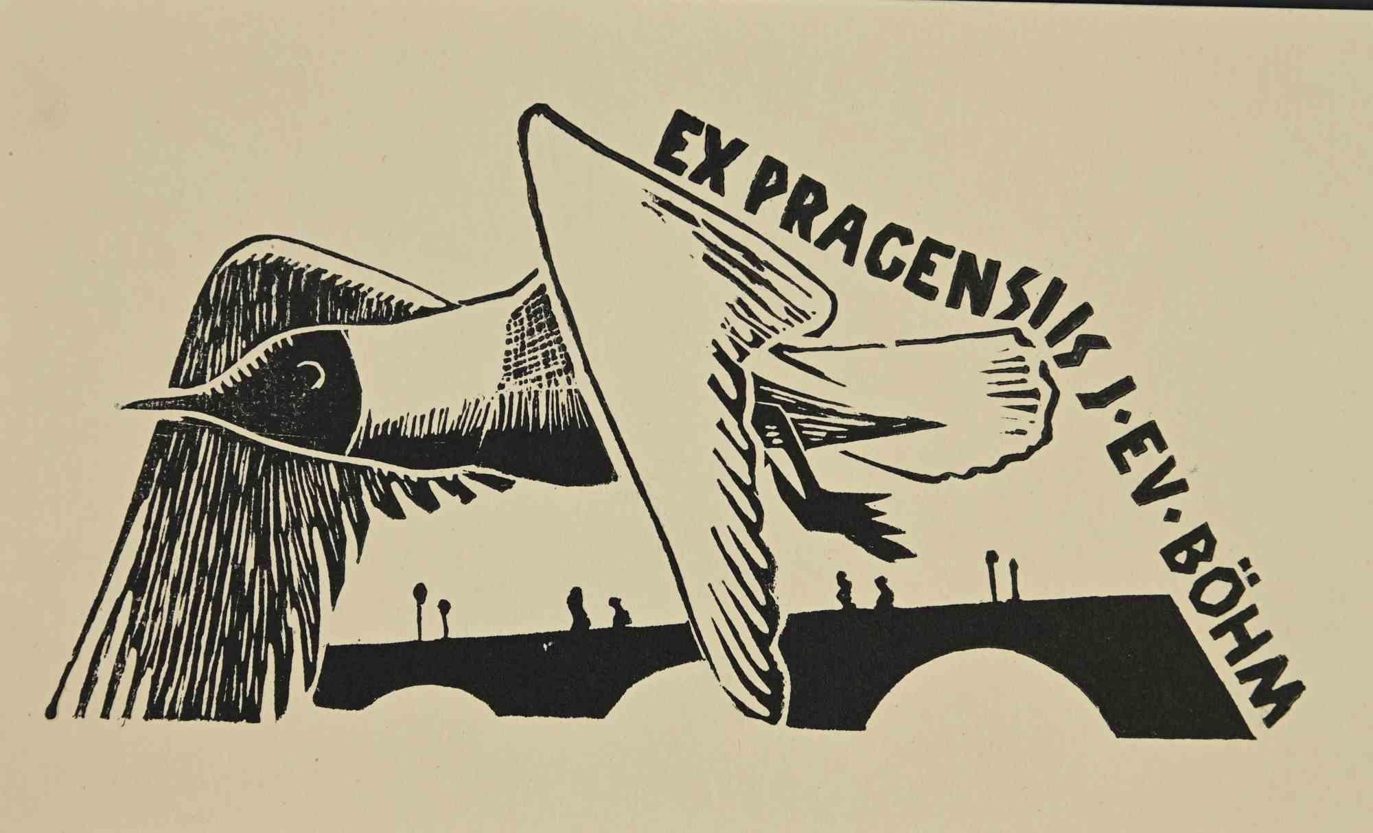Ex libris - Pragensiis J - Ev - Böhm is an Artwork realized in 1963,  by the Artist J .Ev . Böhm. 

Woodcut print on ivory paper. 

Good conditions.

The artwork represents a minimalistic, clean design, through preciseness and congruous B./W. colors.