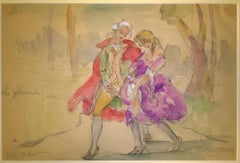 Vintage La Promenade Galante - Drawing by D. Delapierre - 1940s