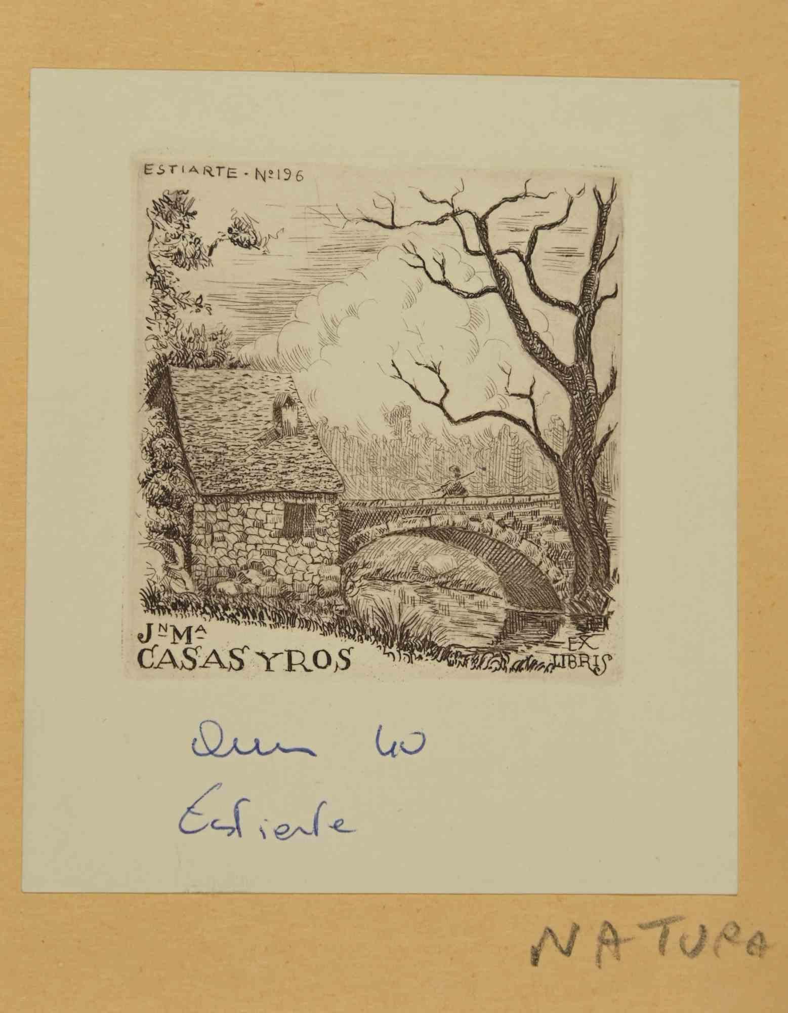 Ex-Libris - J M Casas y Ros ist ein Kunstwerk des Künstlers Juan Estiarte aus den 1940er Jahren. 

Holzschnitt auf Elfenbeinpapier. Signiert auf der Platte oben links. 

Das Werk ist auf farbigen Karton geklebt.

Abmessungen insgesamt: 12x 10