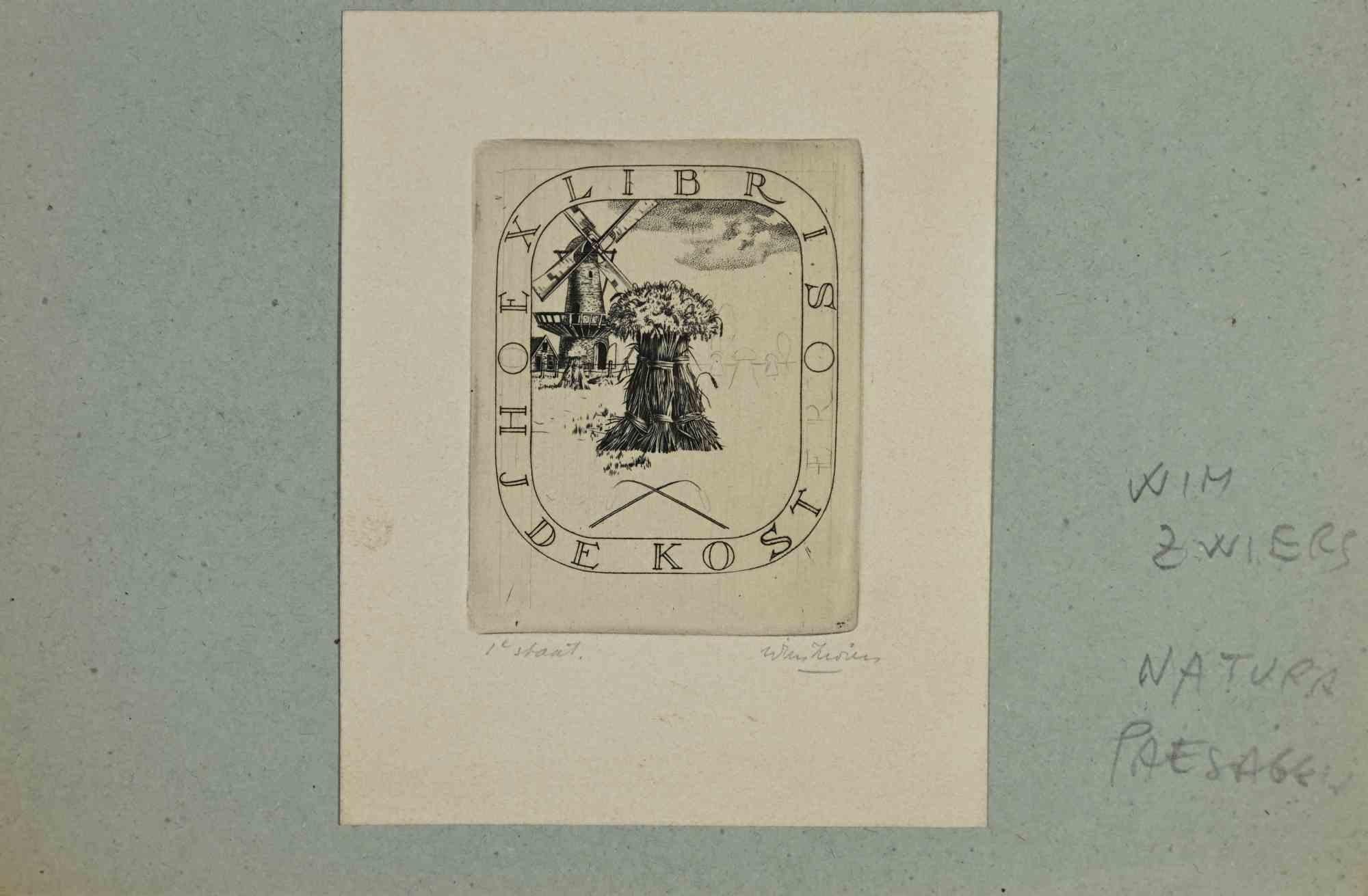 Ex-Libris  - H J De Kost is an Artwork realized in 1946 by the artist Wim Zwiers. 

Etching print on ivory paper. Hand signed on the right margin and dated on the back. 

The work is glued on colored cardboard. Total dimensions: 13 x 20 cm.

Good