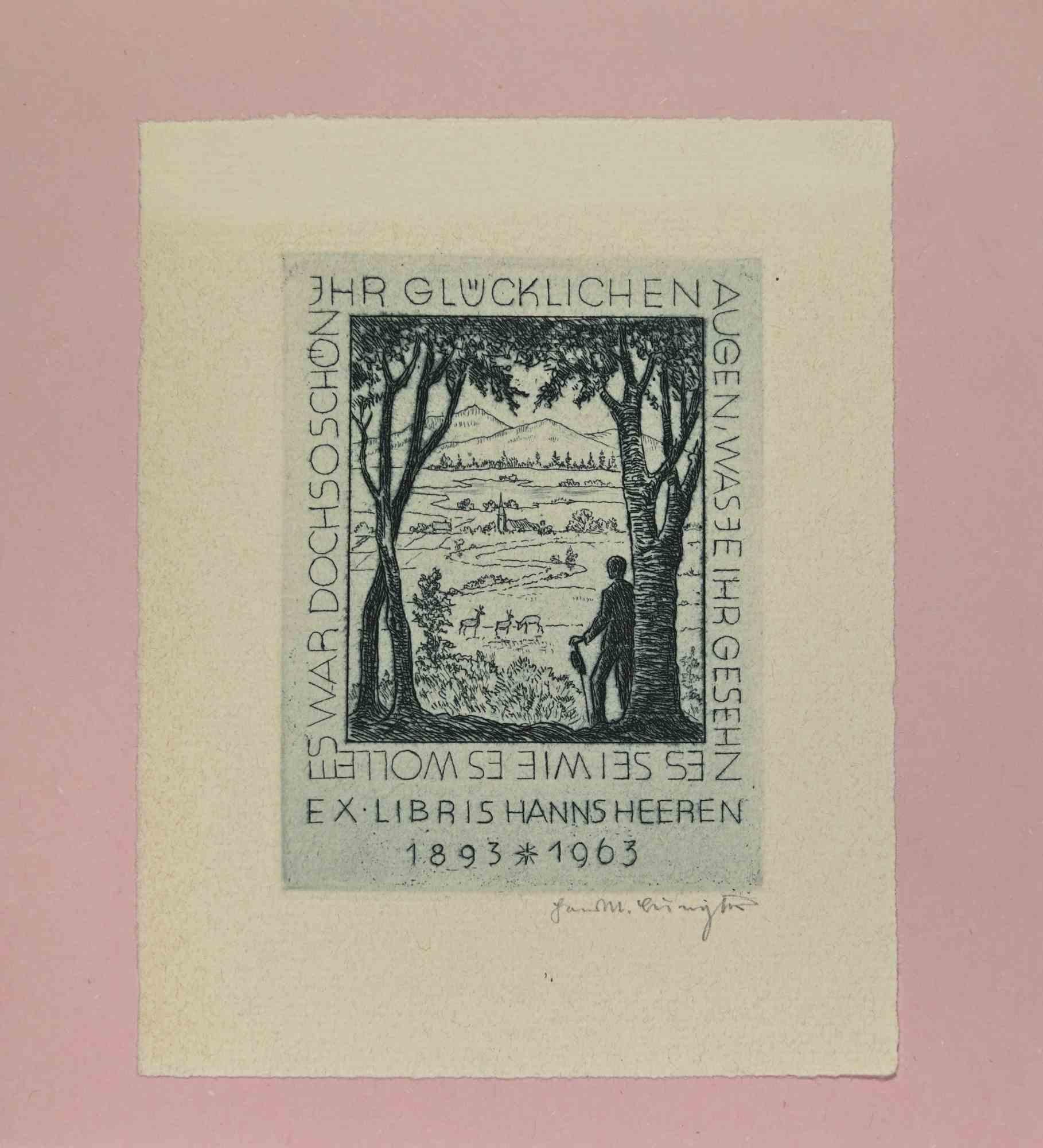 Ex Libris - Hanns Heeren 1893-1963 ist ein Kunstwerk aus dem frühen 20. Jahrhundert von Hans Michael Bungter aus Deutschland. 

Radierung auf Elfenbeinpapier.  Handsigniert in der rechten Ecke. Signiert auf der Platte auf der Rückseite. Das Werk ist