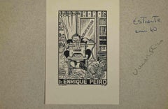 Vintage  Ex Libris Dr. Enrique Peiro - Woodcut by Anna Grmelova - Mid 20th Century