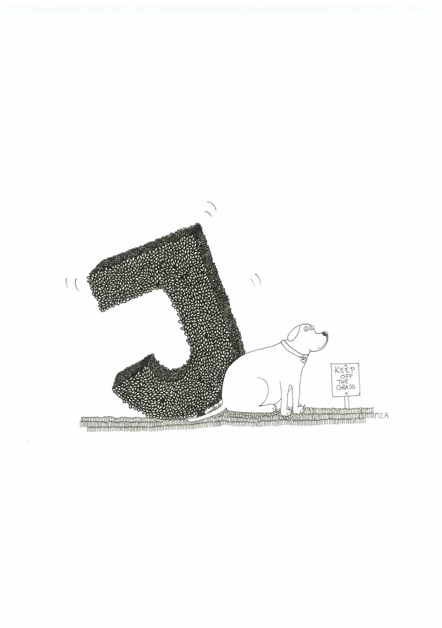 A piece of a whimsical alphabet that consists of 29 letters. Original work. Fineliner on paper. Inspired by a famous Villa Borghese park in Rome