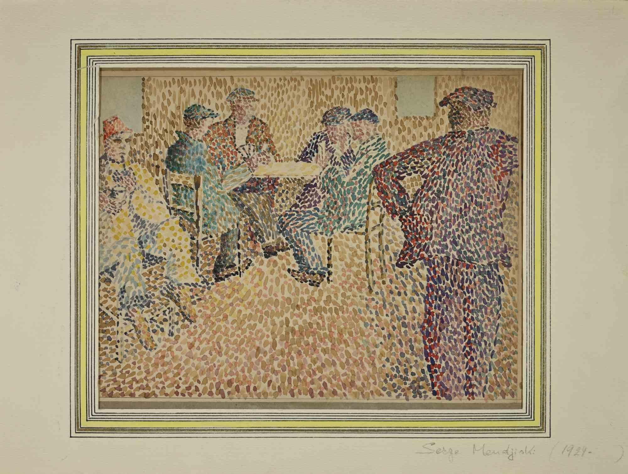 Serge Mendjisky Interior Art - La Taverne - Mixed Media attr. to S. Mendjisky - 20th Century