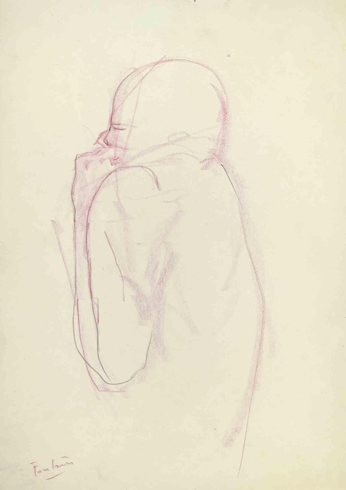 Unknown Figurative Print - Figure - Pastel Drawing  - 1950s
