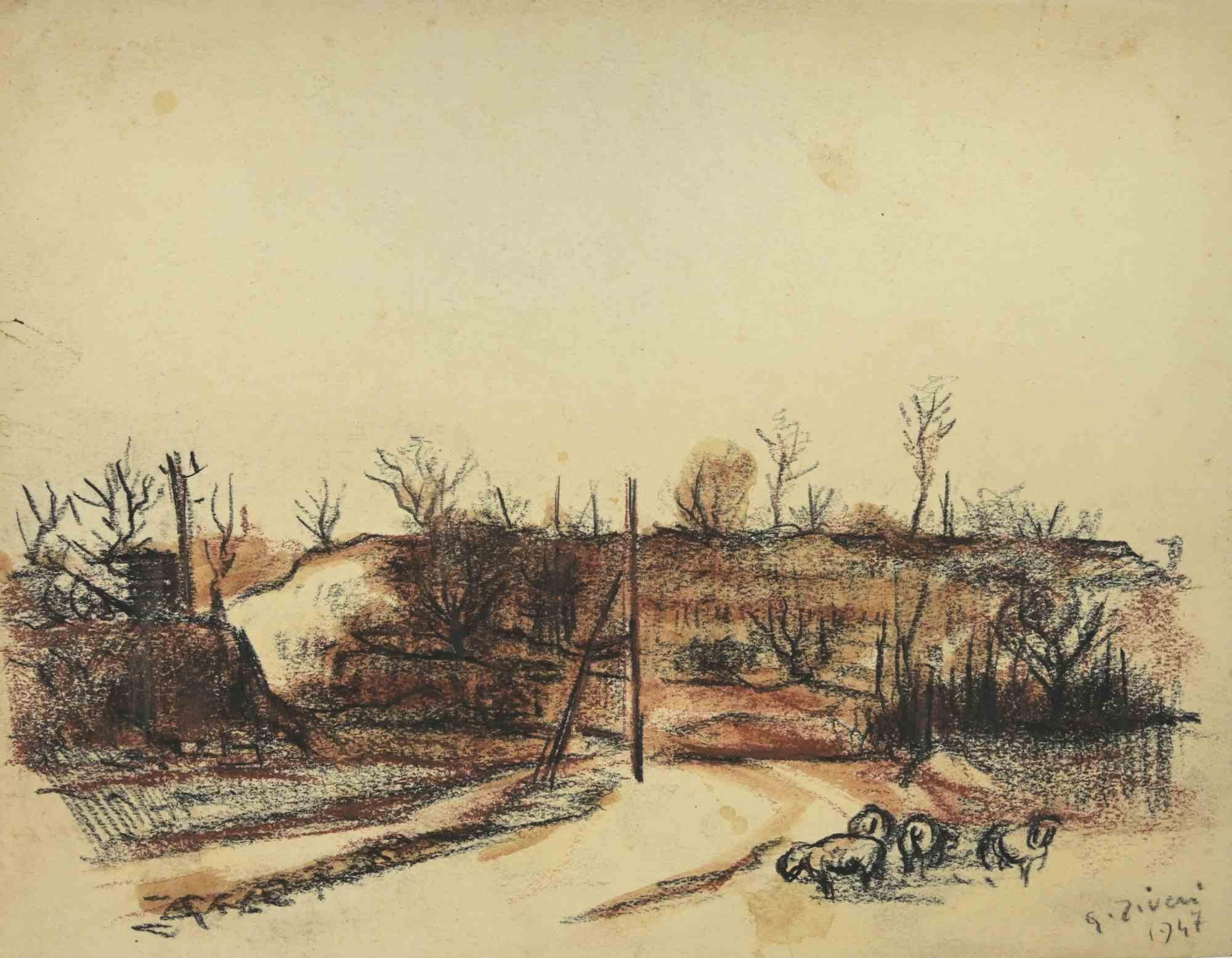 Paysage d'hiver  - Drawing d'Alberto Ziveri - 1947