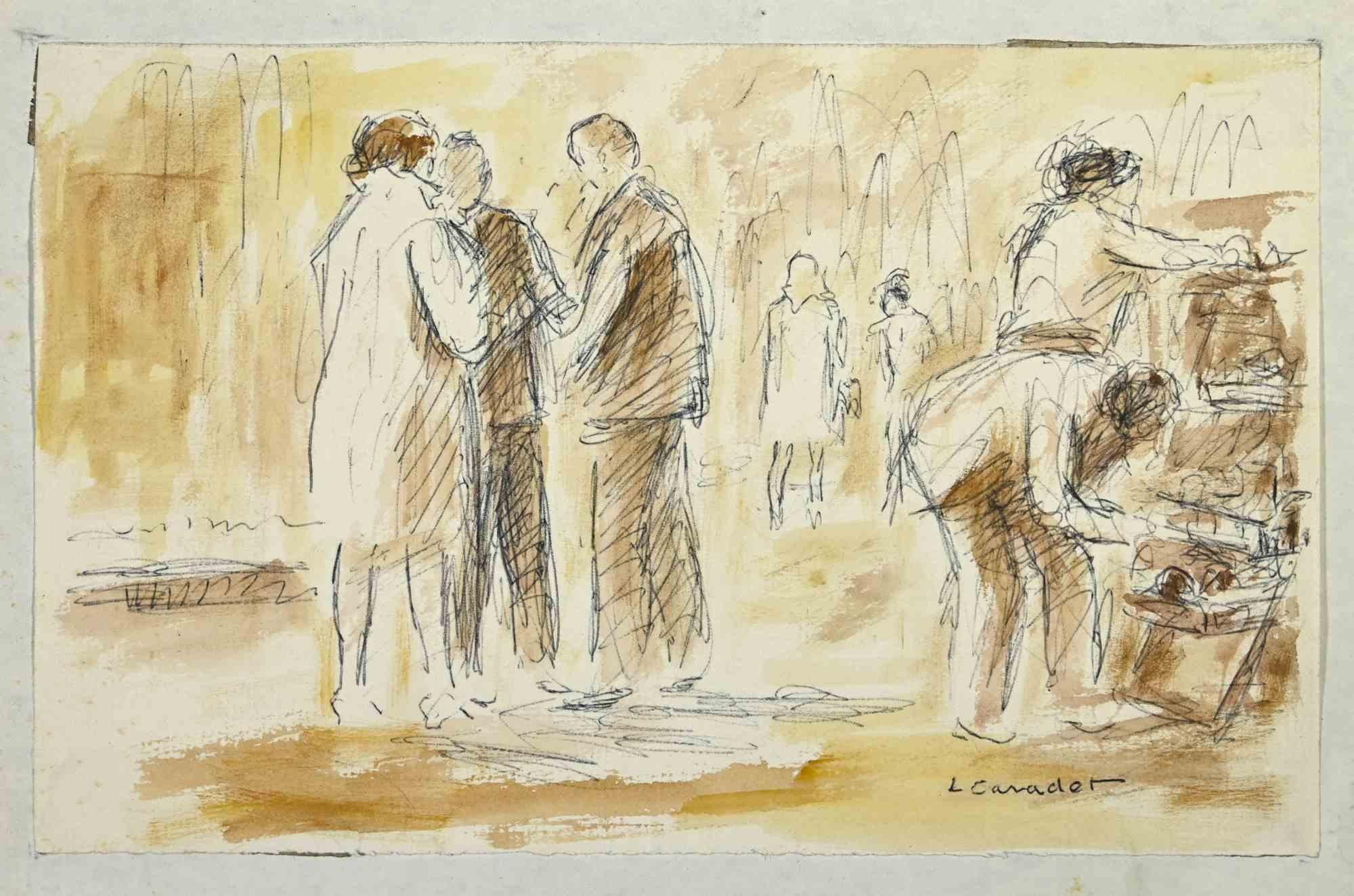The Market Square is a drawing, realized in early-20th century , by the French post-impressionist painter and illustrator Lucie Caradek (1880-1936).

Mixed media on paper. Hand Signed on the right margin.

The work is glued on cardboard. Total