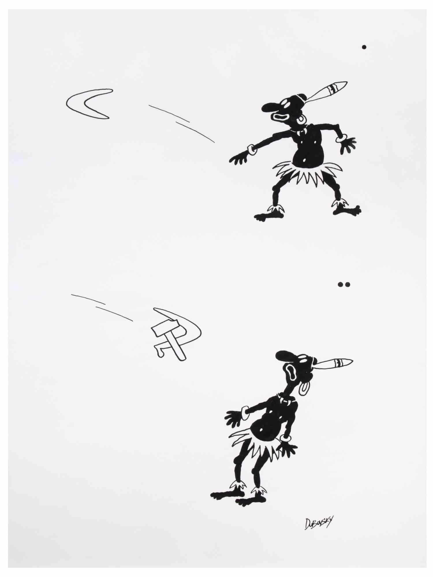 Tribal Boomerang ist ein Zeichenkunstwerk von Alexander Dubovsky aus den 1980er Jahren.

Aquarell und Tuschezeichnung auf Papier.

Rechts unten handsigniert.

Der Erhaltungszustand ist gut.