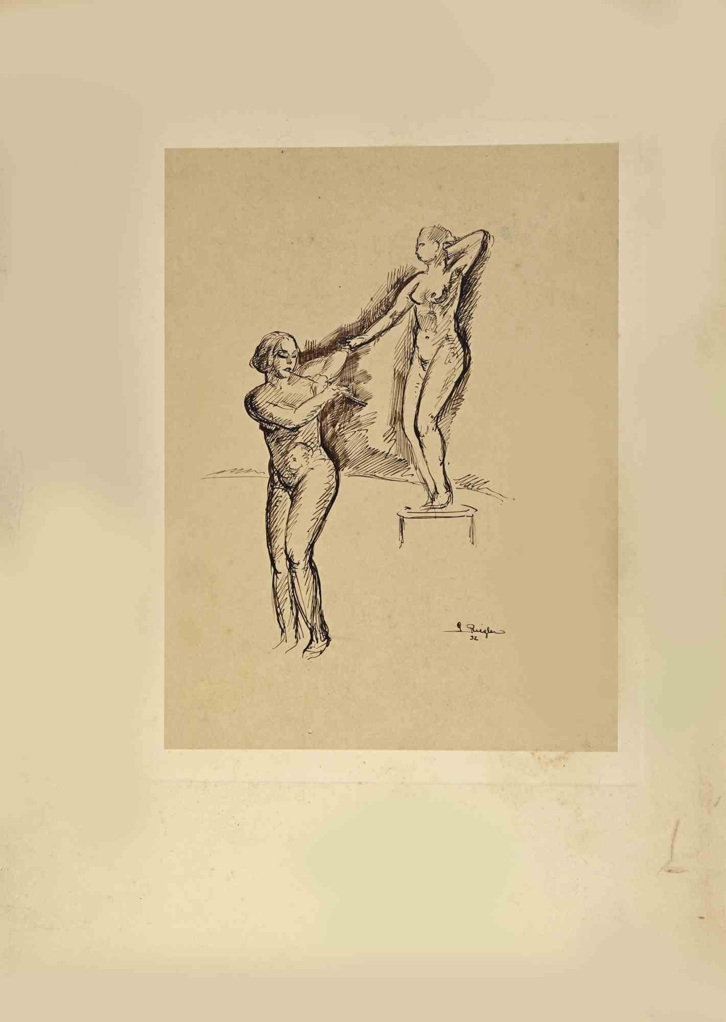 Women Nudes is an Artwork  realized by  the Artist G. Riegler.

Drawing in ink on paper, Hand-signed and dated by the artist on the lower right corner.

The artwork is glued on cardboard. Total dimensions: 48 x 33 cm.