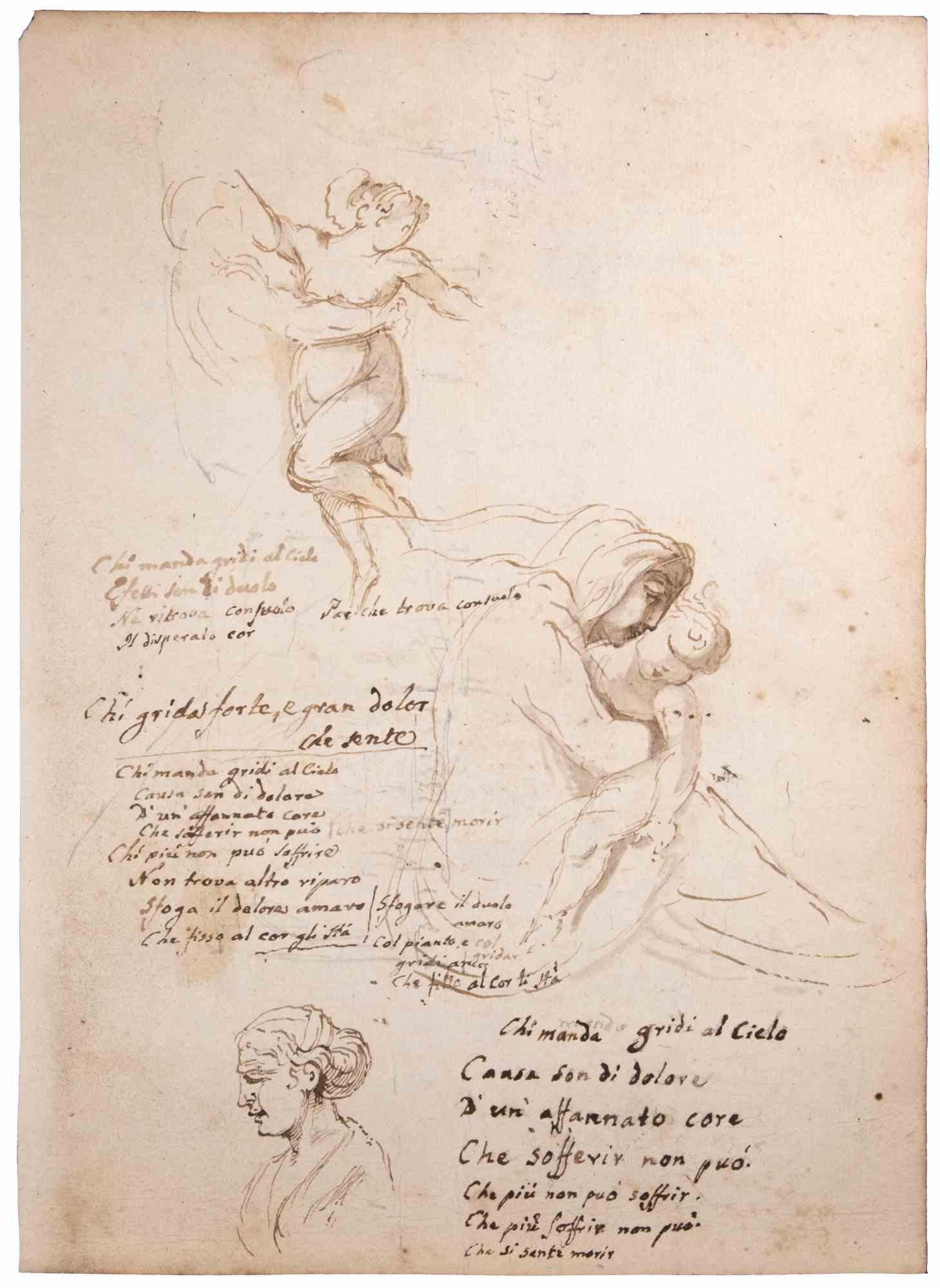 Unknown Figurative Art – Mutter und Kind – Zeichnung – Zeichnung – spätes 18. Jahrhundert
